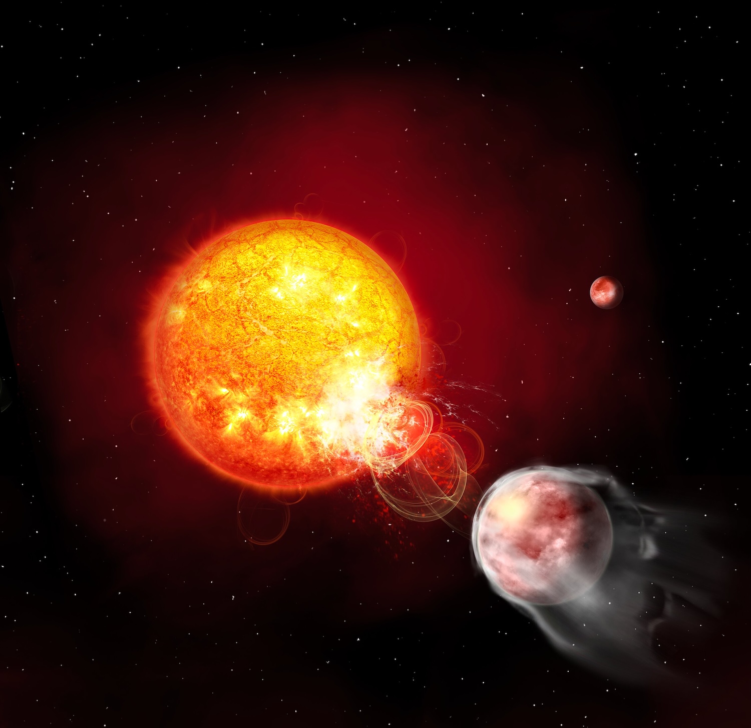 Being bombarded with so much high-energy radiation does not bode well for HIP 67522 b. The planet is similar in size to Jupiter but has the density of candy floss, making it one of the wispiest exoplanets ever found. Over time, the radiation carried by the flares is eroding away the planet's wispy atmosphere, meaning it is losing mass much faster than we thought. In the next 100 million years, HIP 67522 b could go from an almost Jupiter-sized planet to a much smaller Neptune-sized planet. Credit: Janine Fohlmeister (Leibniz Institute for Astrophysics Potsdam)