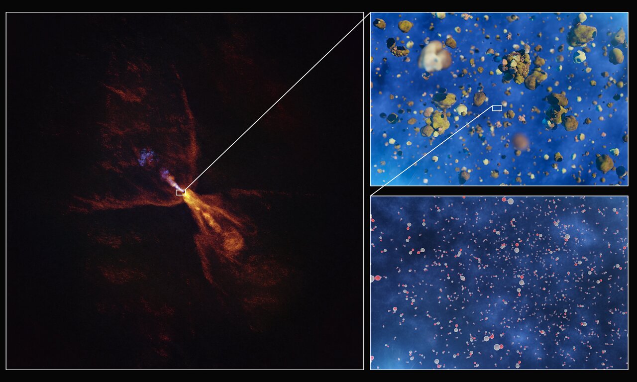 These images illustrate how hot gas condenses into solid minerals around the baby star HOPS-315. The image to the left was taken with the Atacama Large Millimeter/submillimeter Array (ALMA), in which ESO is a partner. Two insets show artist’s impressions of molecules of silicon monoxide condensing into solid silicates.