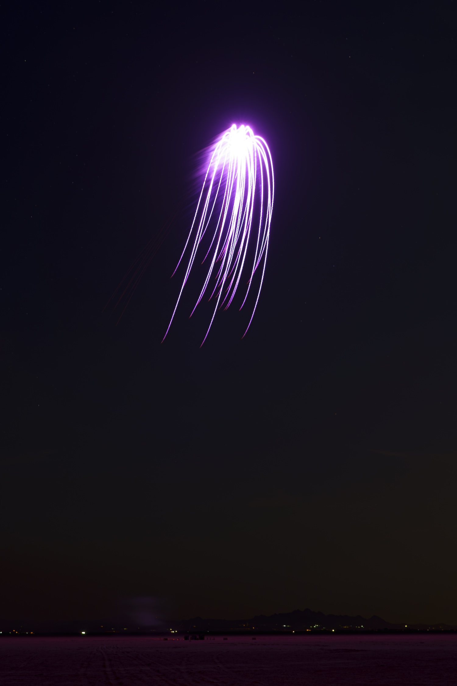 Purple jellyfish shaped firework exploding at night in desert