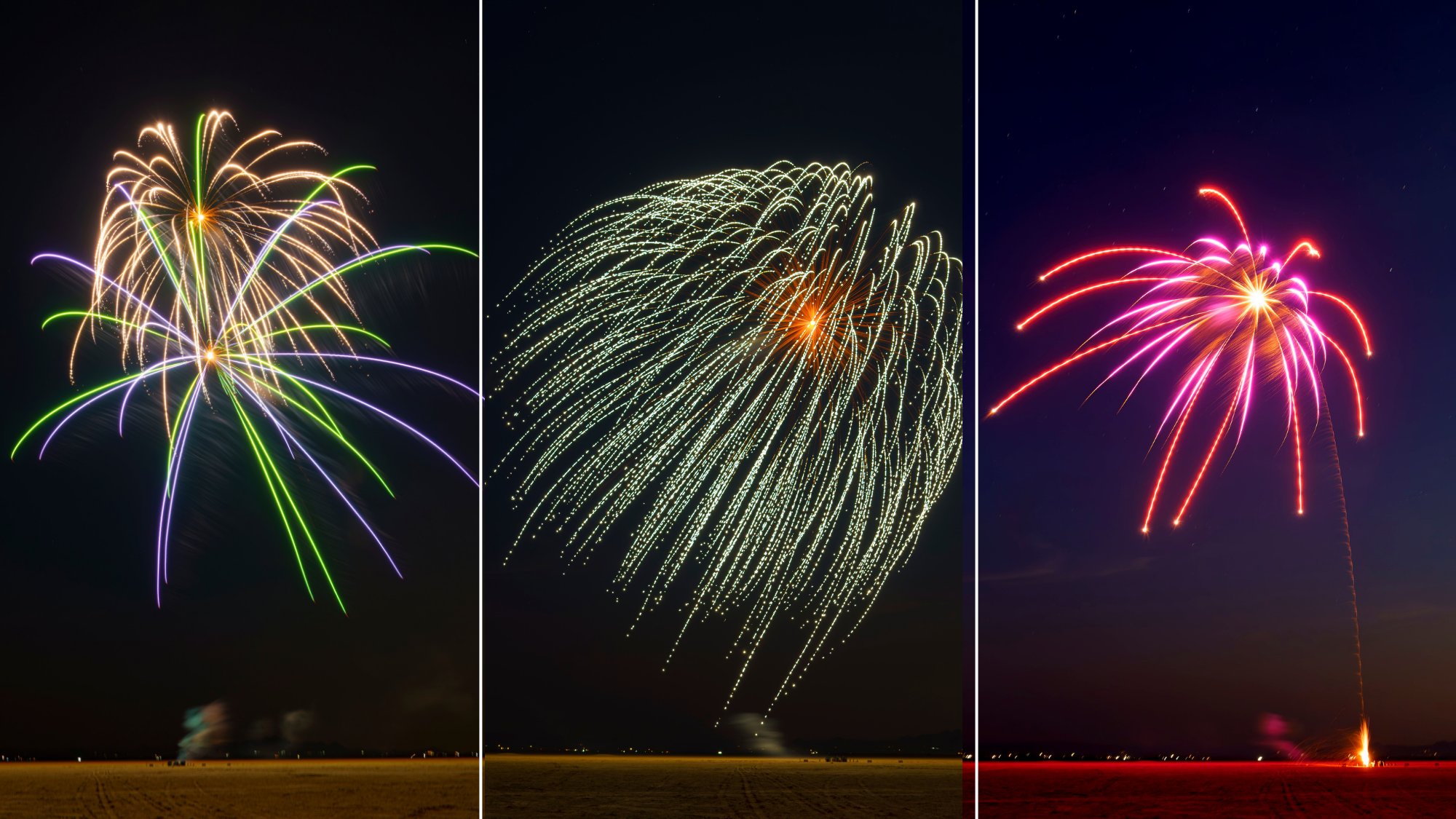 Three images of fireworks exploding in Mojave desert at night