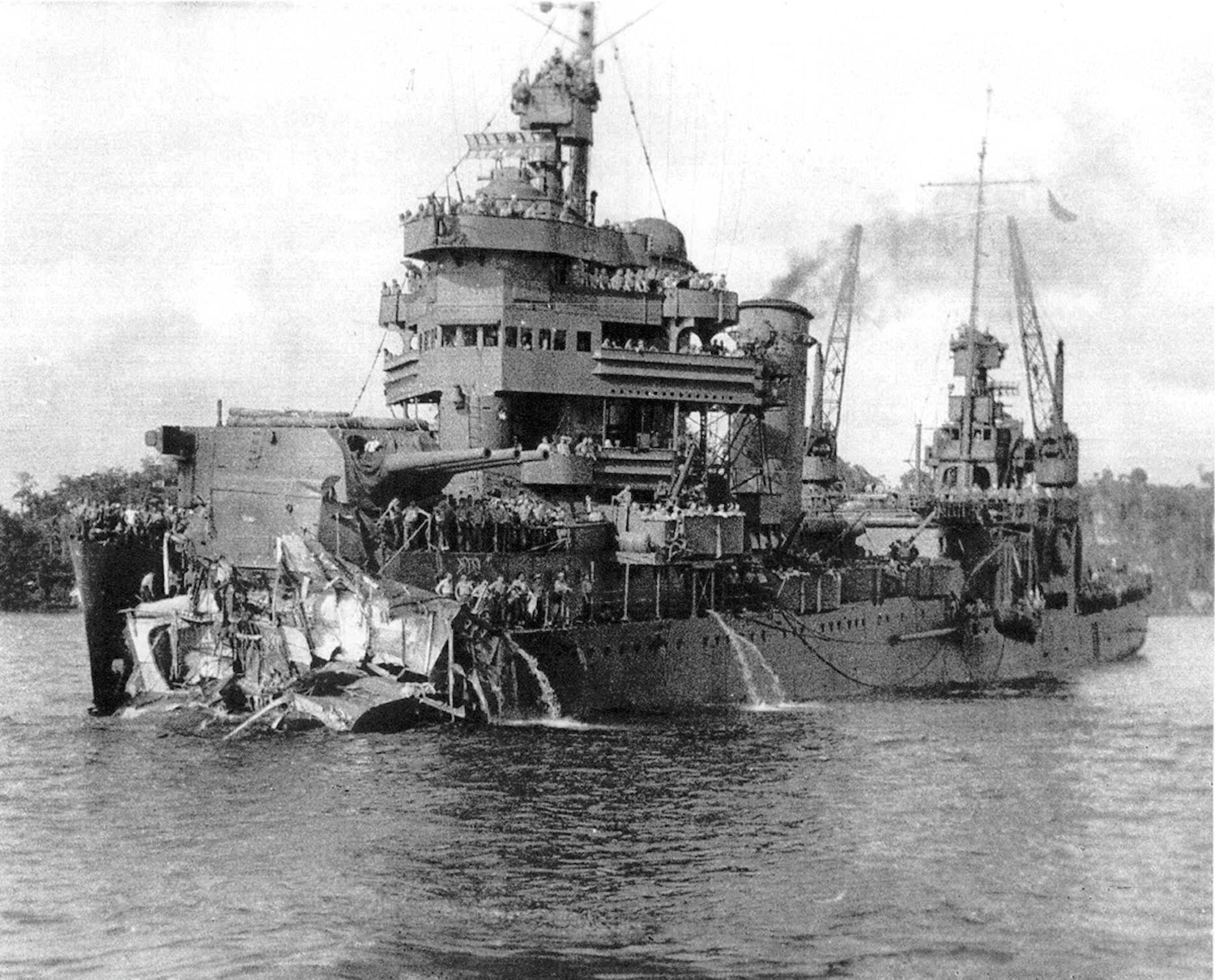 A photo taken of the damaged USS New Orleans after it arrived in Sydney, Australia, in December 1942. Credit: Wikipedia Commons