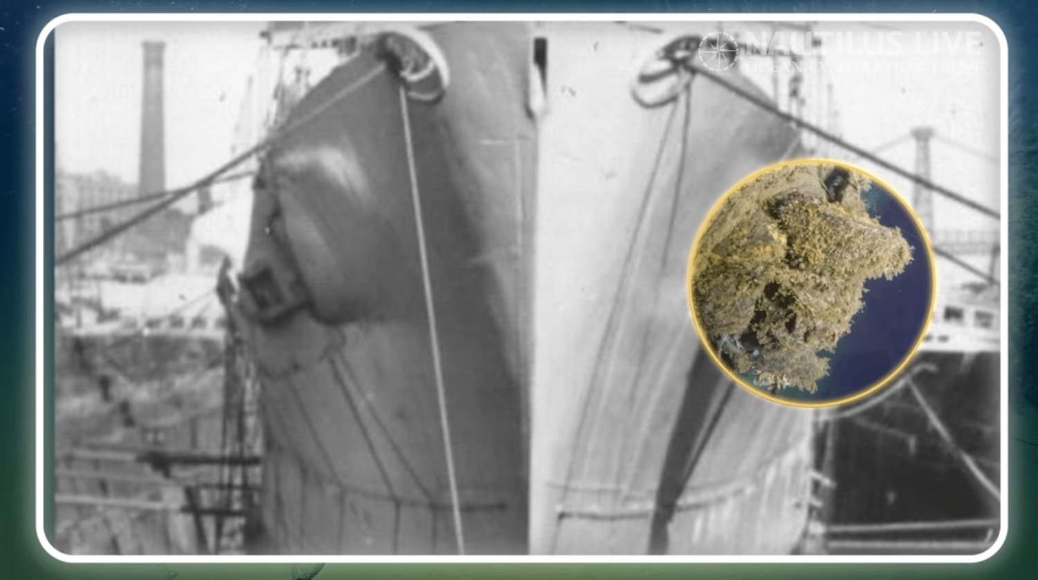 A portion of the bow wreckage superimposed onto its original location on the USS New Orleans. Credit: Ocean Exploration Trust