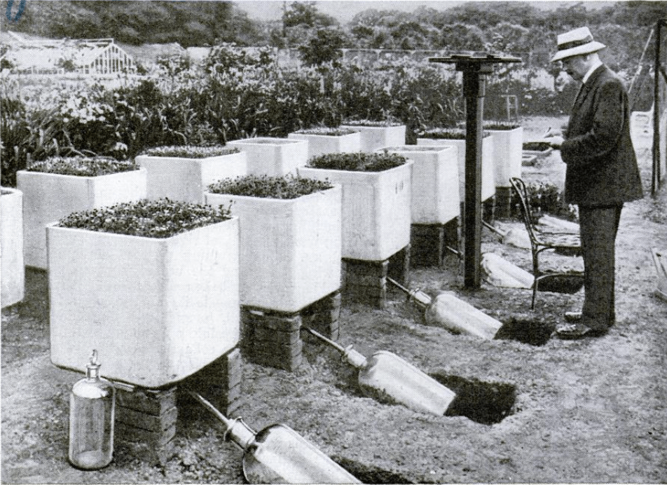 A man in a hat takes notes next to white boxes growing plants that are connected to metal tubes.