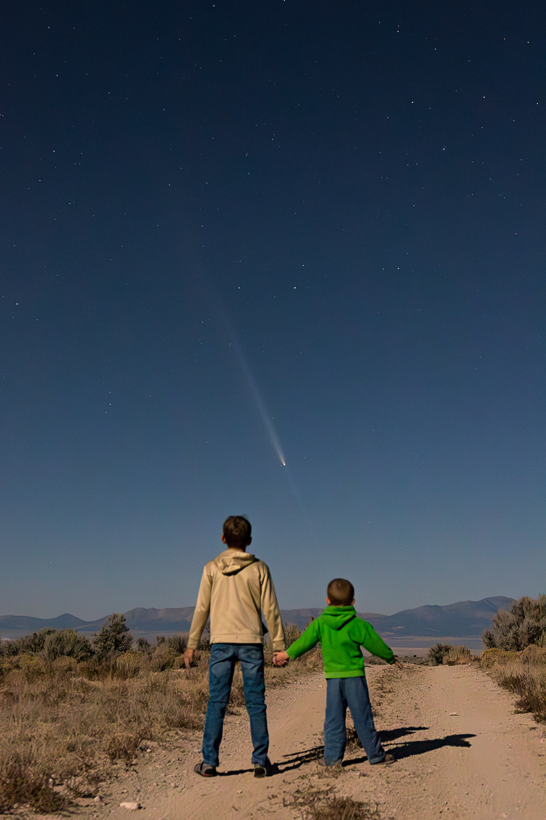 two children hold hands on a dirt road. a comet shoots through the sky