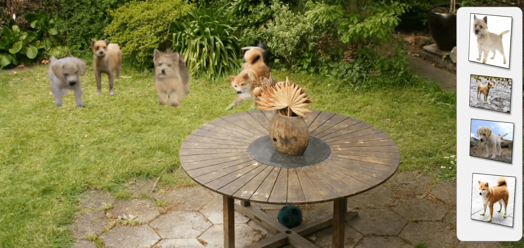 four digital dogs playing in a yard created with virtual reality