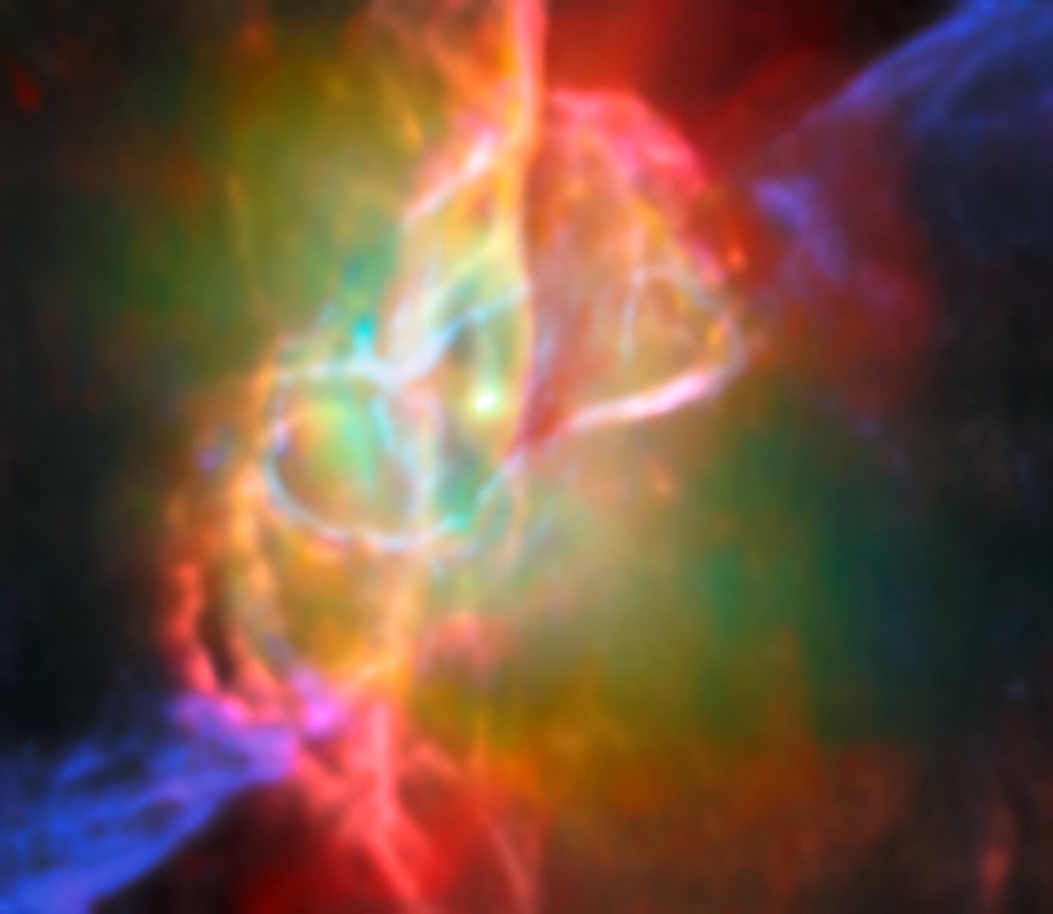 This image takes the viewer on a deep dive into the heart of the Butterfly Nebula, NGC 6302. The Butterfly Nebula, located about 3400 light-years away in the constellation Scorpius, is one of the best-studied planetary nebulae in our galaxy. Planetary nebulae are among the most beautiful and most elusive creatures in the cosmic zoo. These nebulae form when stars with masses between about 0.8 and 8 times the mass of the Sun shed most of their mass at the end of their lives. The planetary nebula phase is fleeting, lasting only about 20 000 years. At the centre of the Butterfly Nebula is the ancient core of a Sun-like star that energises the surrounding nebula and causes it to glow. This scorching central star is hidden from view at optical wavelengths, but Webb’s infrared capabilities have revealed the star and its surroundings in great detail. This image, which combines infrared data from the NASA/ESA/CSA James Webb Space Telescope with submillimetre observations from the Atacama Large Millimetre/submillimetre Array (ALMA), shows the doughnut-shaped torus and interconnected bubbles of dusty gas that surround the nebula’s central star. The torus is oriented vertically and nearly edge-on from our perspective, and it intersects with bubbles of gas enclosing the star. The bubbles appear bright red in this image, illuminated by the light from helium and neon gas. Outside the bubbles, jets traced by emission from ionised iron shoot off in opposite directions. These features are labeled in an annotated version of this image. [Image description: The complicated structure at the centre of the Butterfly Nebula, NGC 6302. There is a bright source at the centre that is surrounded by greenish nebulosity and several looping lines in cream, orange and pink. One of these lines appears to form a ring oriented vertically and nearly edge-on around the bright source at the centre. Other lines trace out a figure eight shape. Moving outward from these complex lines and green nebulosity, there is a section of red light on either side of the object. The upper-right and lower-left corners of this image show a purple streak pointing out of the image.]