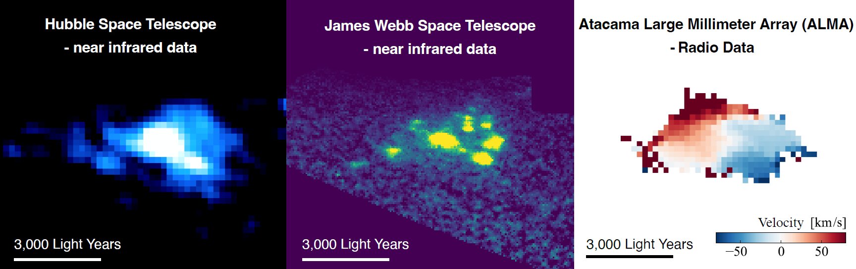 The Cosmic Grapes initially appeared in past HST data as a typical galaxy with a smooth stellar disk (left). However, deep, high-resolution follow-up observations by JWST (middle) and ALMA (right) revealed that it actually consists of numerous compact stellar clumps embedded within a smooth, rotating gas disk. The red and blue colors in the right panel represent redshifted and blueshifted gas motions, respectively, tracing the rotation of the disk. Credit: NSF/AUI/NSF NRAO/B. Saxton