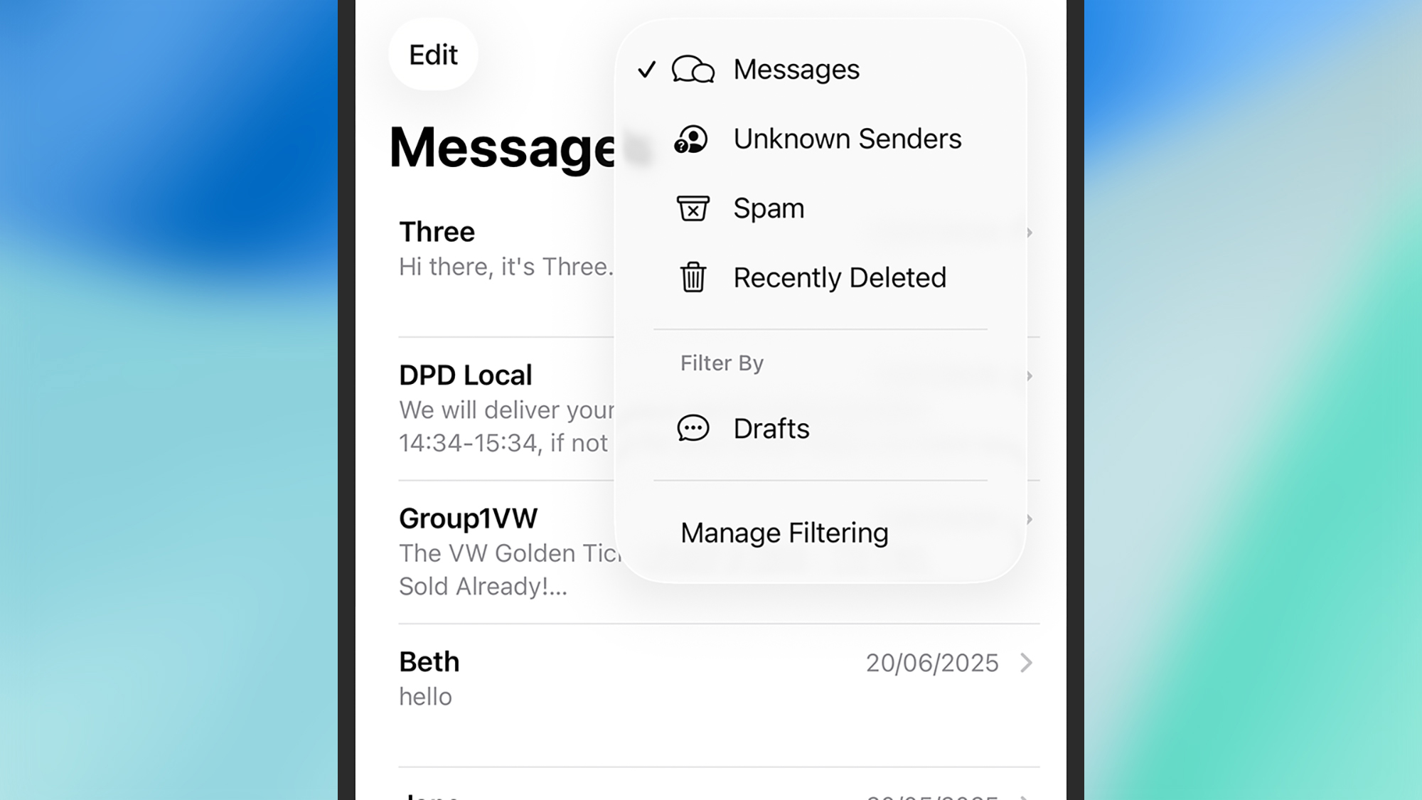 A screenshot of the new iMessage drafts folder