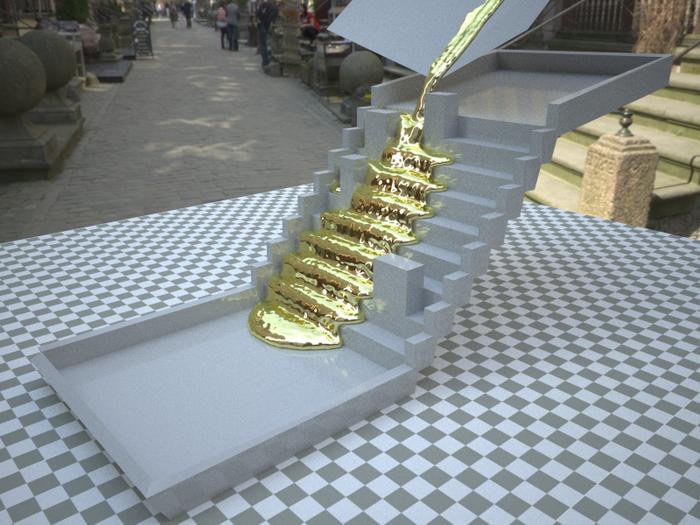 a graphic rendering of a white set of stairs on a checkerboard floor with a golden liquid cascading down the steps