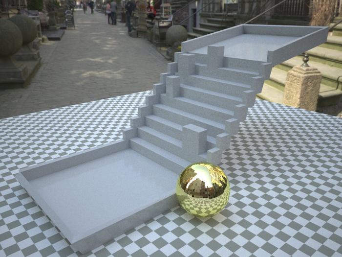 a graphic rendering showing a white set of stairs with a golden ball next to it on a checkerboard floor