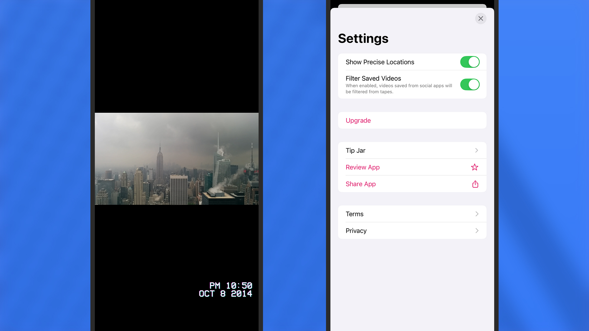 Viewing videos and accessing settings in the app.