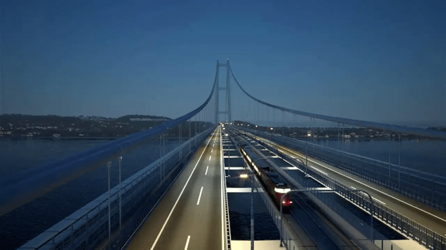 A rendering of the suspension bridge at night as a train crosses its middle tracks