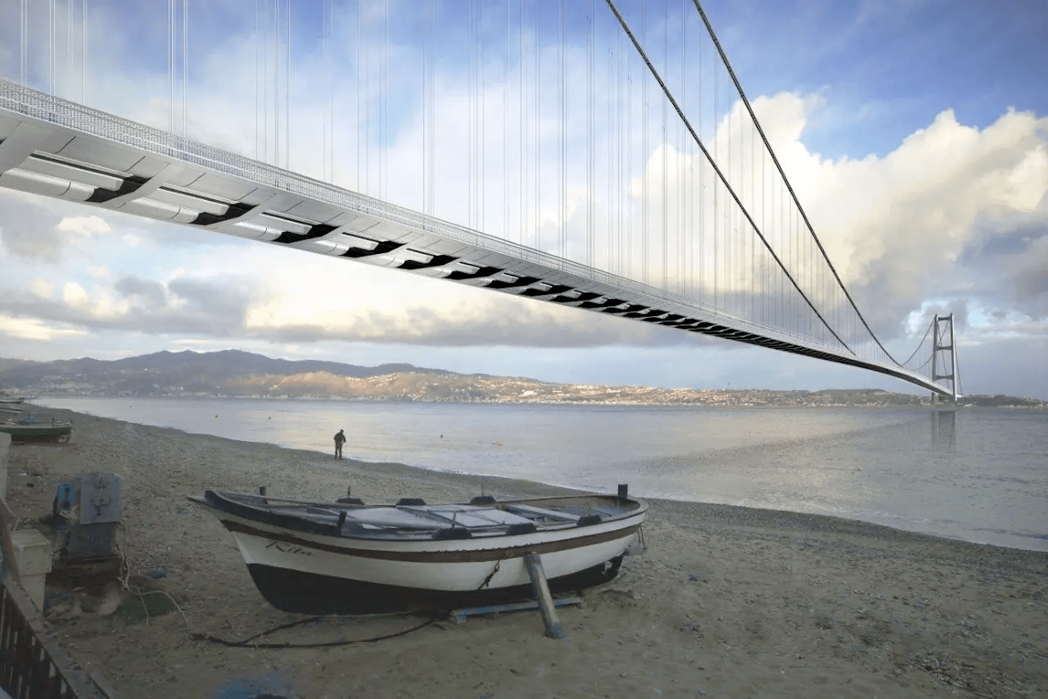 A rendering of the suspension bridge seen from a beach underneath, next to a boat and fisherman