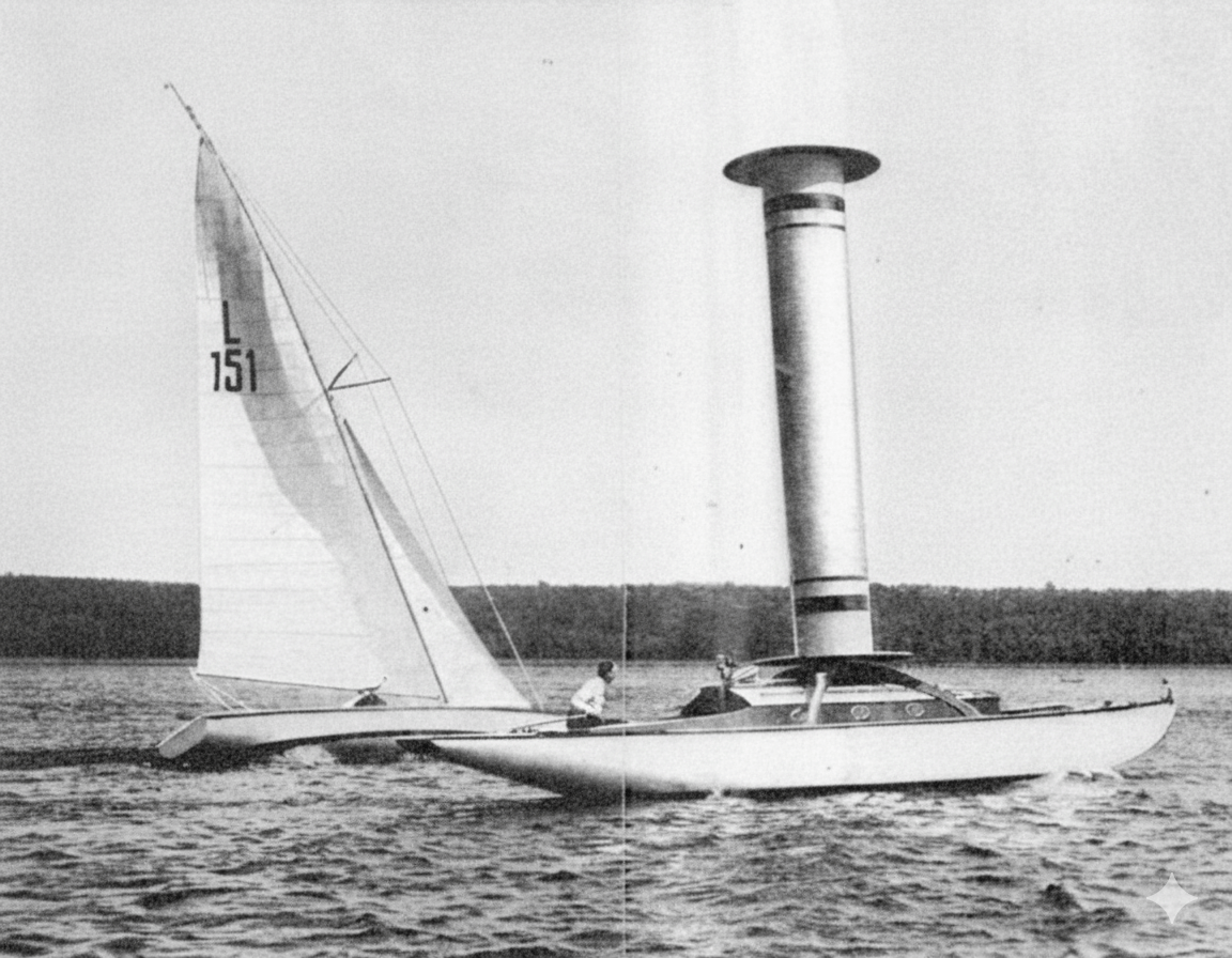 A high-quality, black and white photograph of two sailboats on a lake. In the foreground, a modern sailboat with a tall, cylindrical rotor mast is visible. In the background, a traditional sailboat with a triangular sail is also present. The photo captures a sense of motion, with waves on the water and a clear shoreline and forest in the distance.