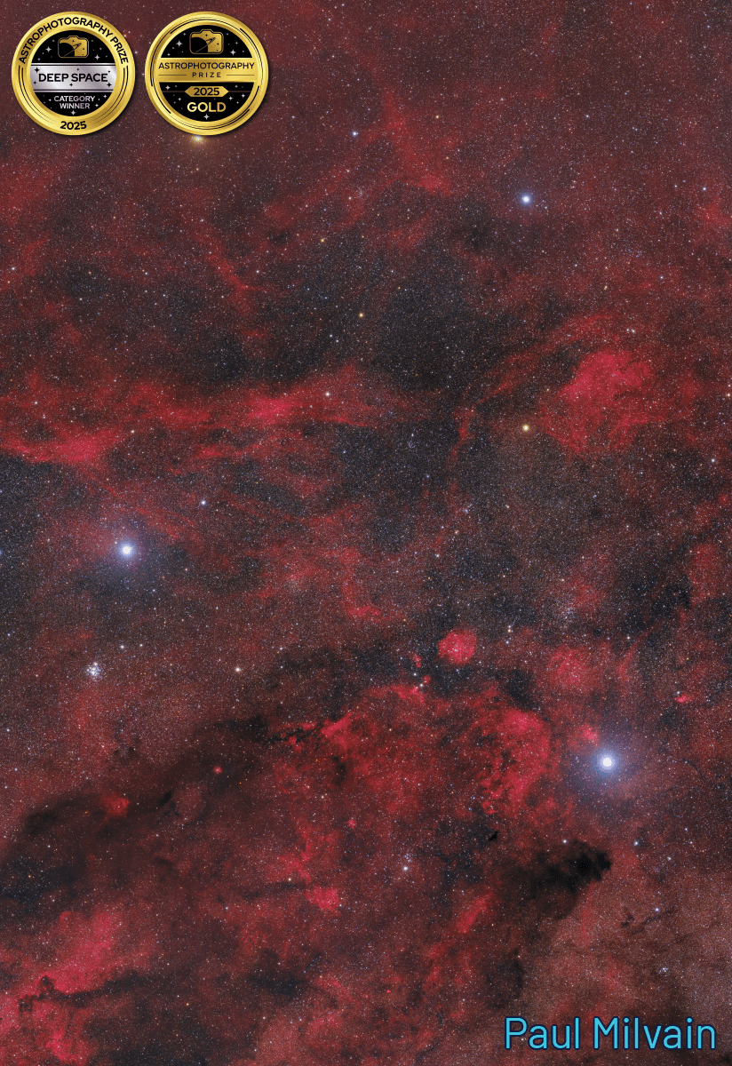 bright stars glowing against red and black
