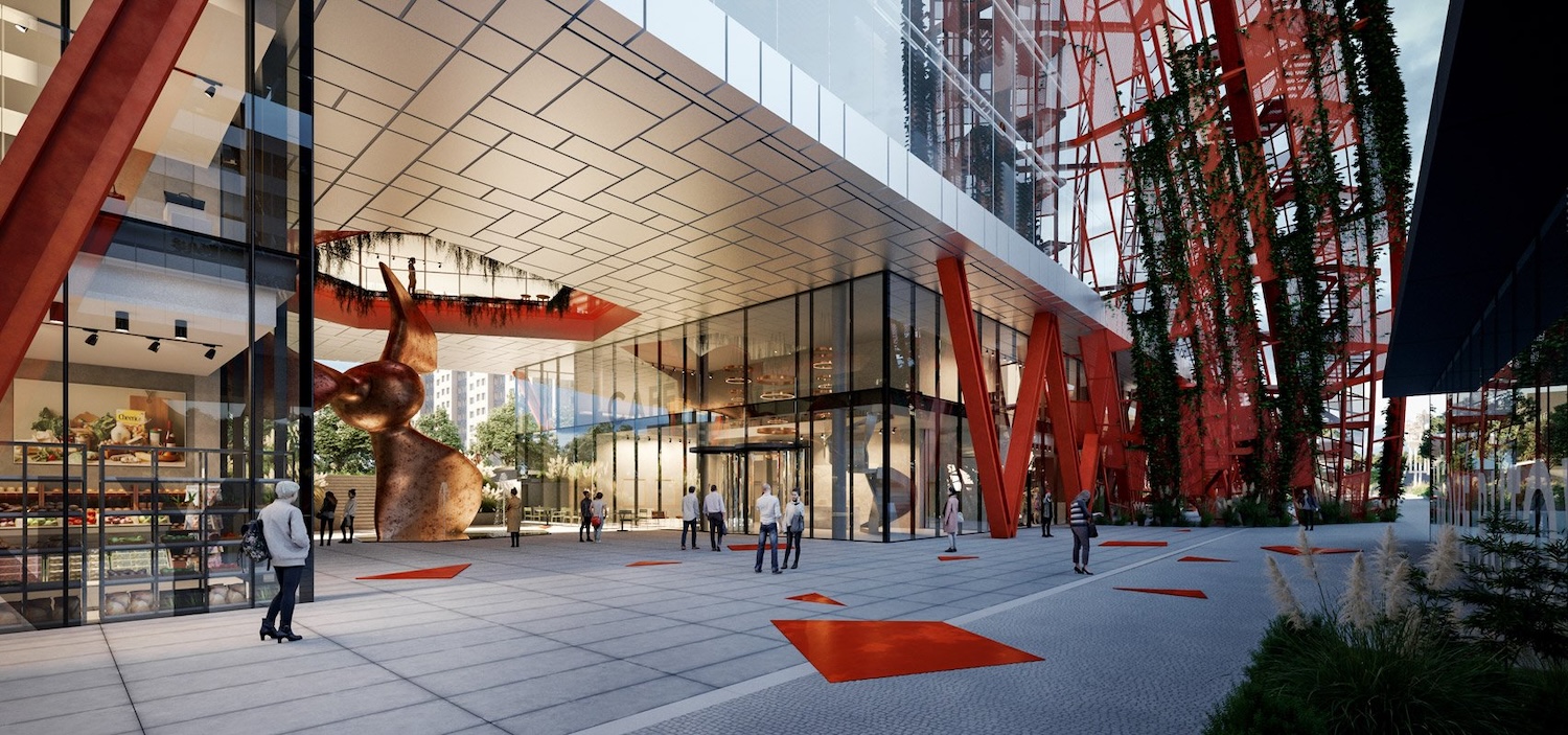 Concept art of Top Tower's entrance featuring ship propeller sculpture