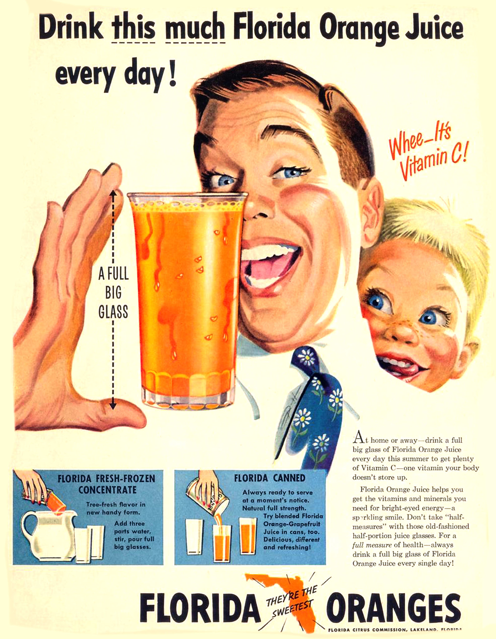 an ad for orange juice featuring a man holding a full glass that says "drink this much florida orange juice every day"