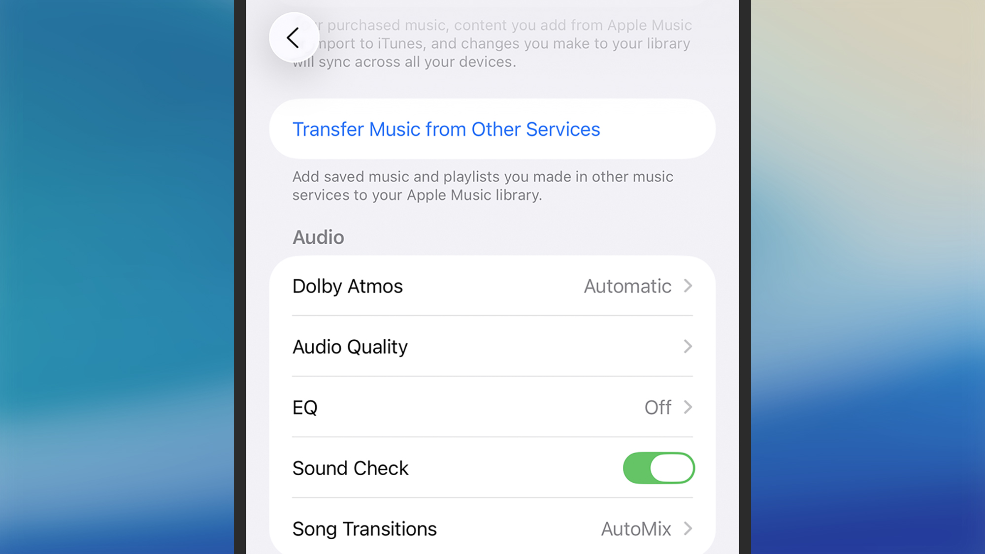 transfer music option in apple music
