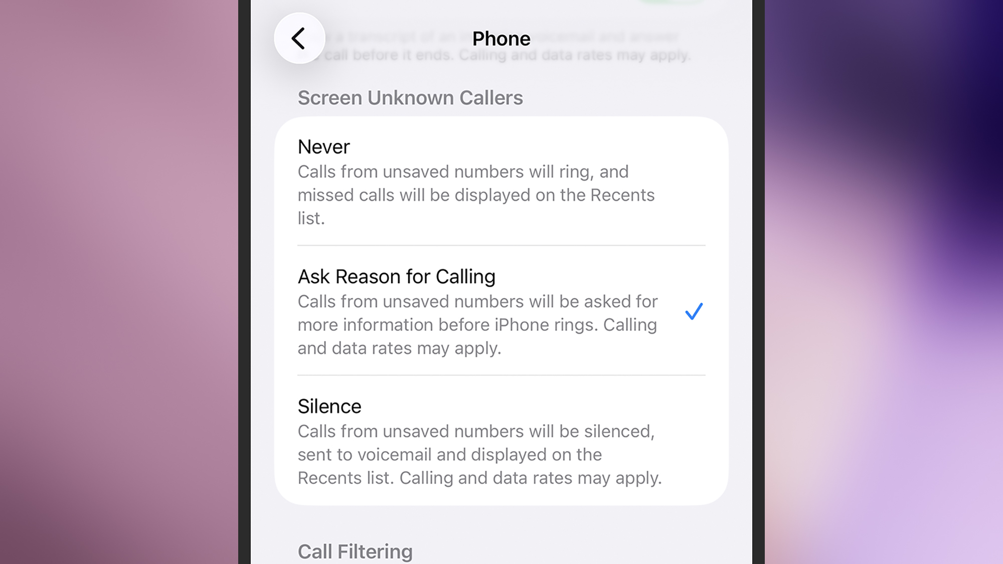 Screenshot of phone call screening options