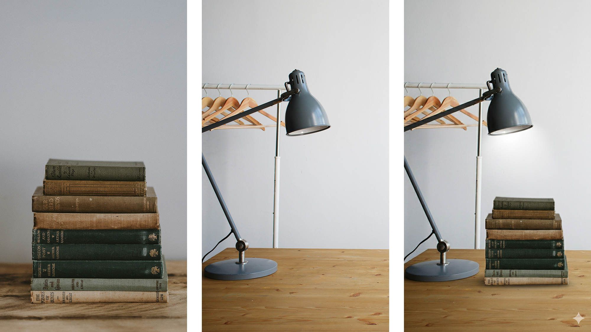 three photos: a pile of books, a lamp, and the two images combines