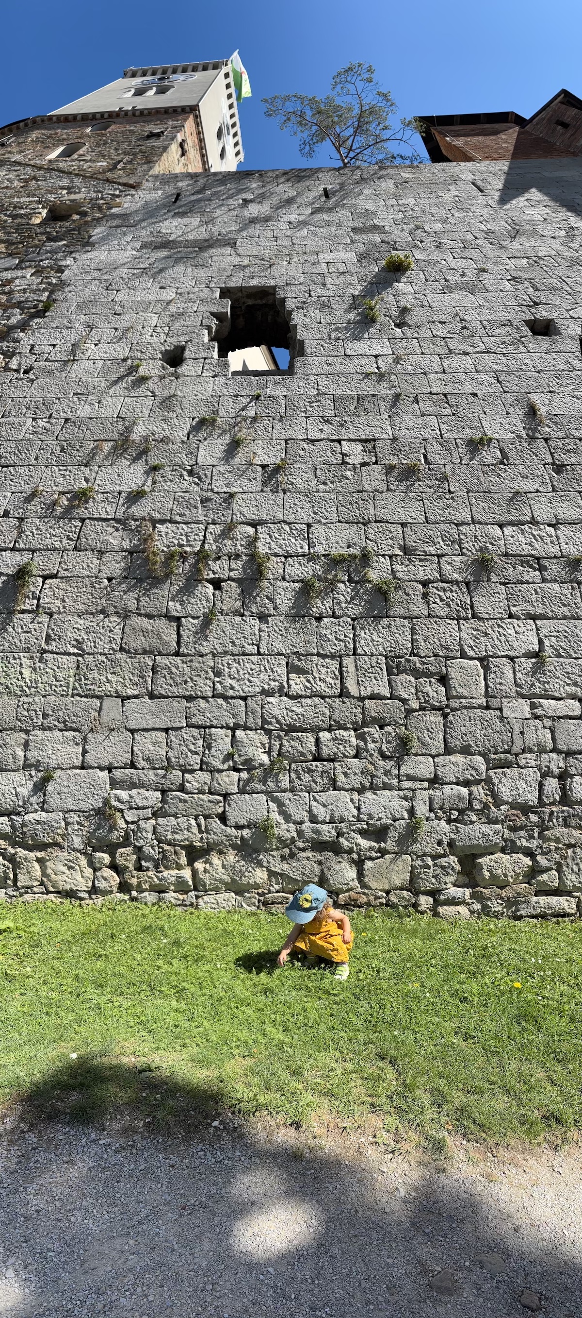 photo of child playing in grass in front of tall castle