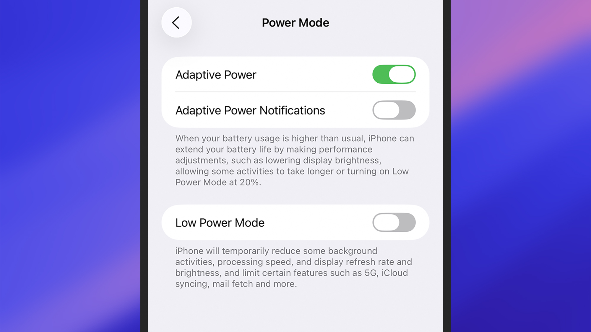 screenshot of power mode options
