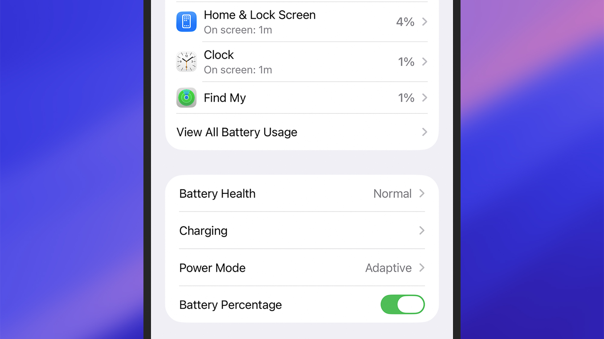 screenshot of battery settings