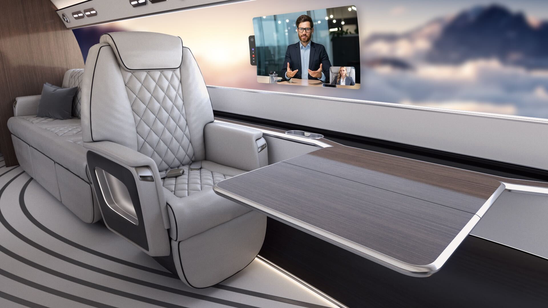a video call on a fake window inside a private jet