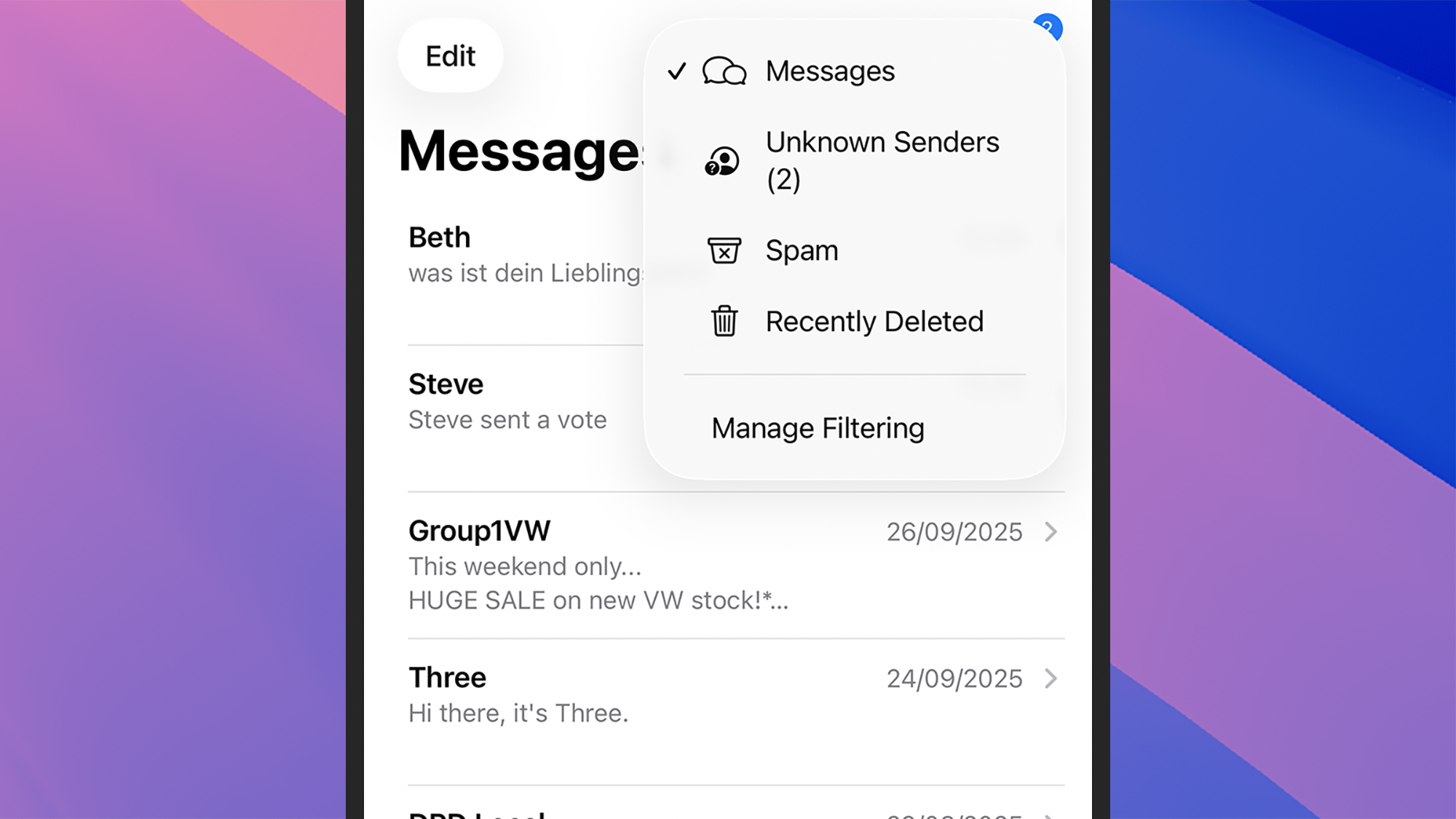 screenshot of filtering options