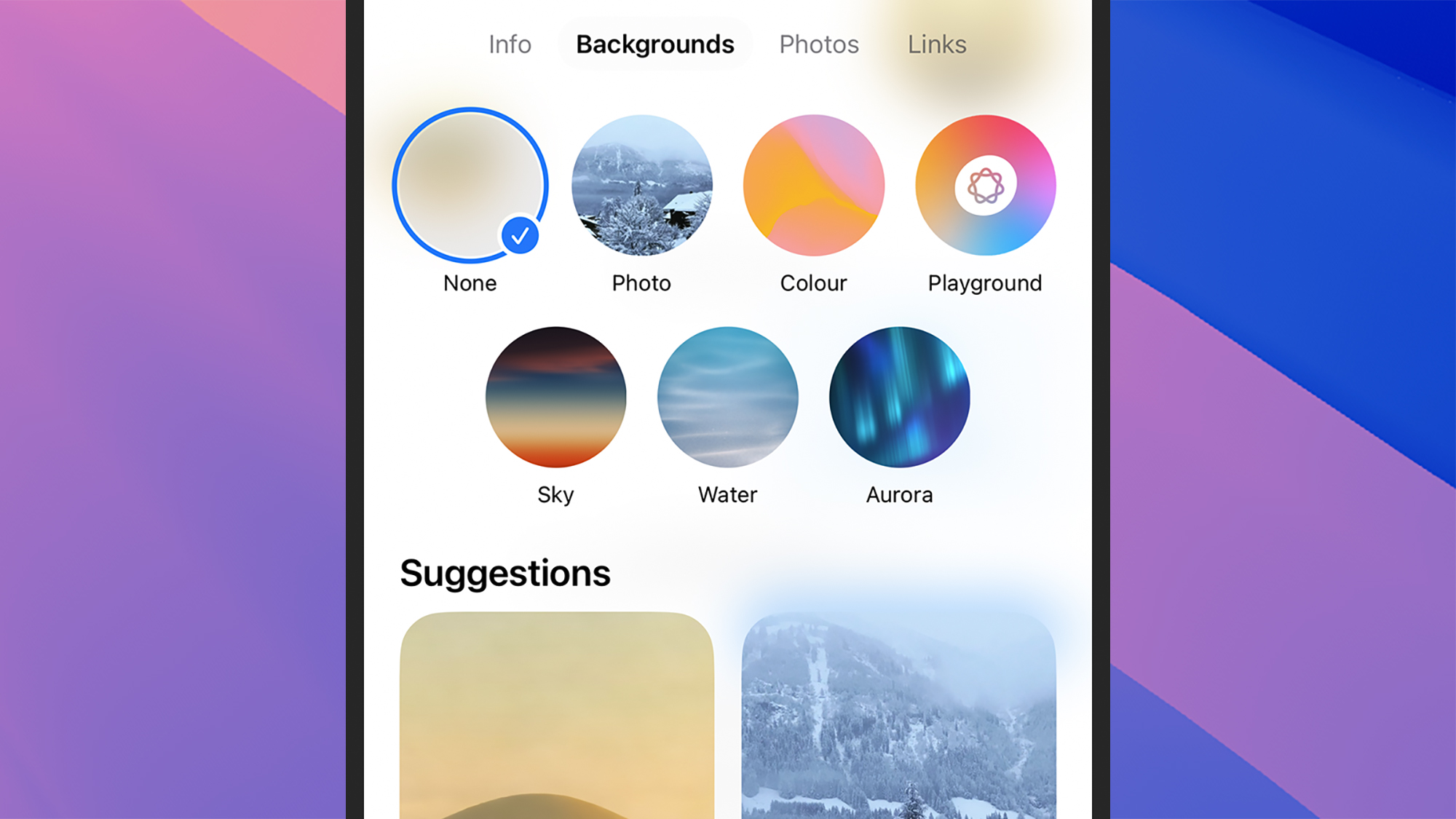 screenshot of background options