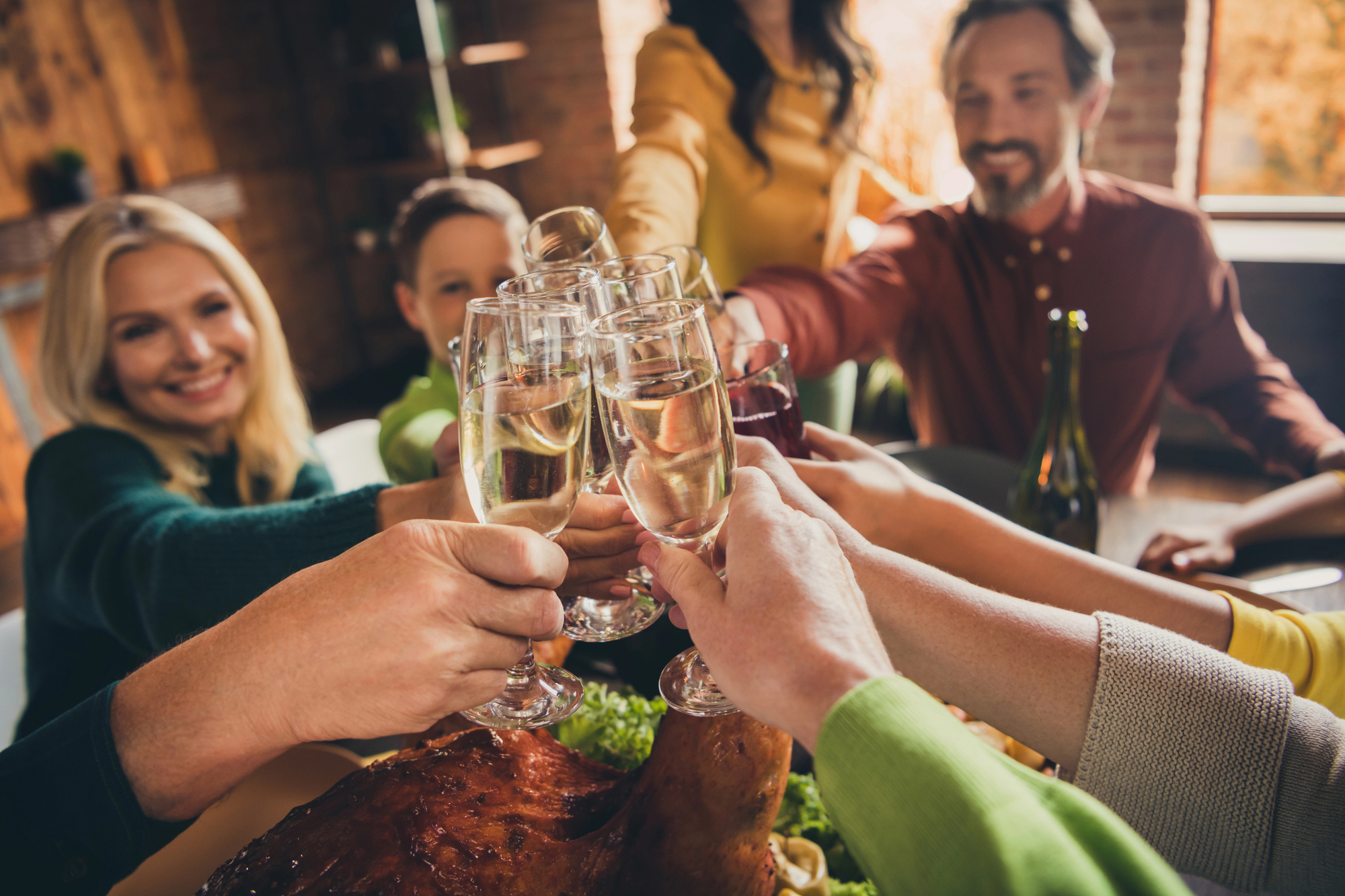 A warm, low-angle photograph captures a diverse group of people—family and friends—gathered around a holiday dinner table, making a toast. Multiple hands extend toward the center, clinking wine glasses filled with sparkling wine over a platter holding a large roasted turkey. Everyone in the blurred background is smiling.