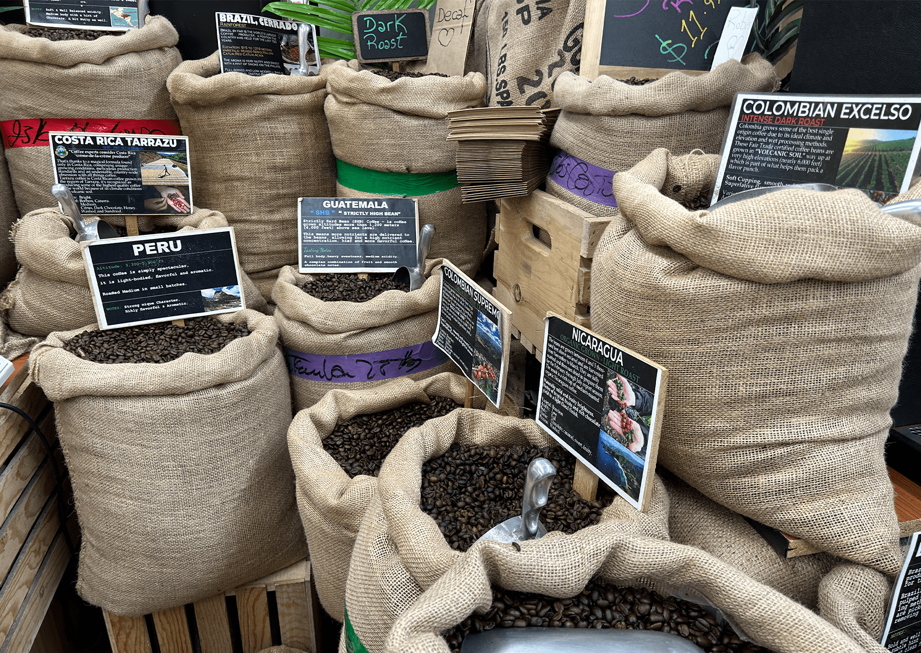 coffee beans from various locales in burlap sacks