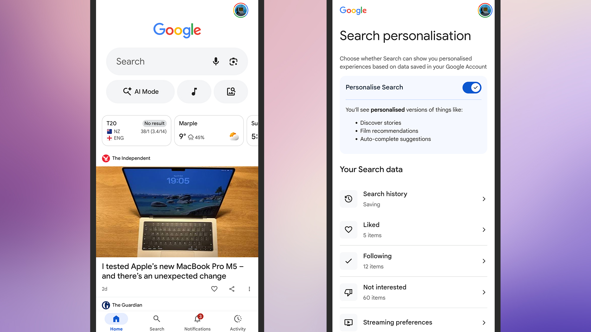 screenshot of search data on phone