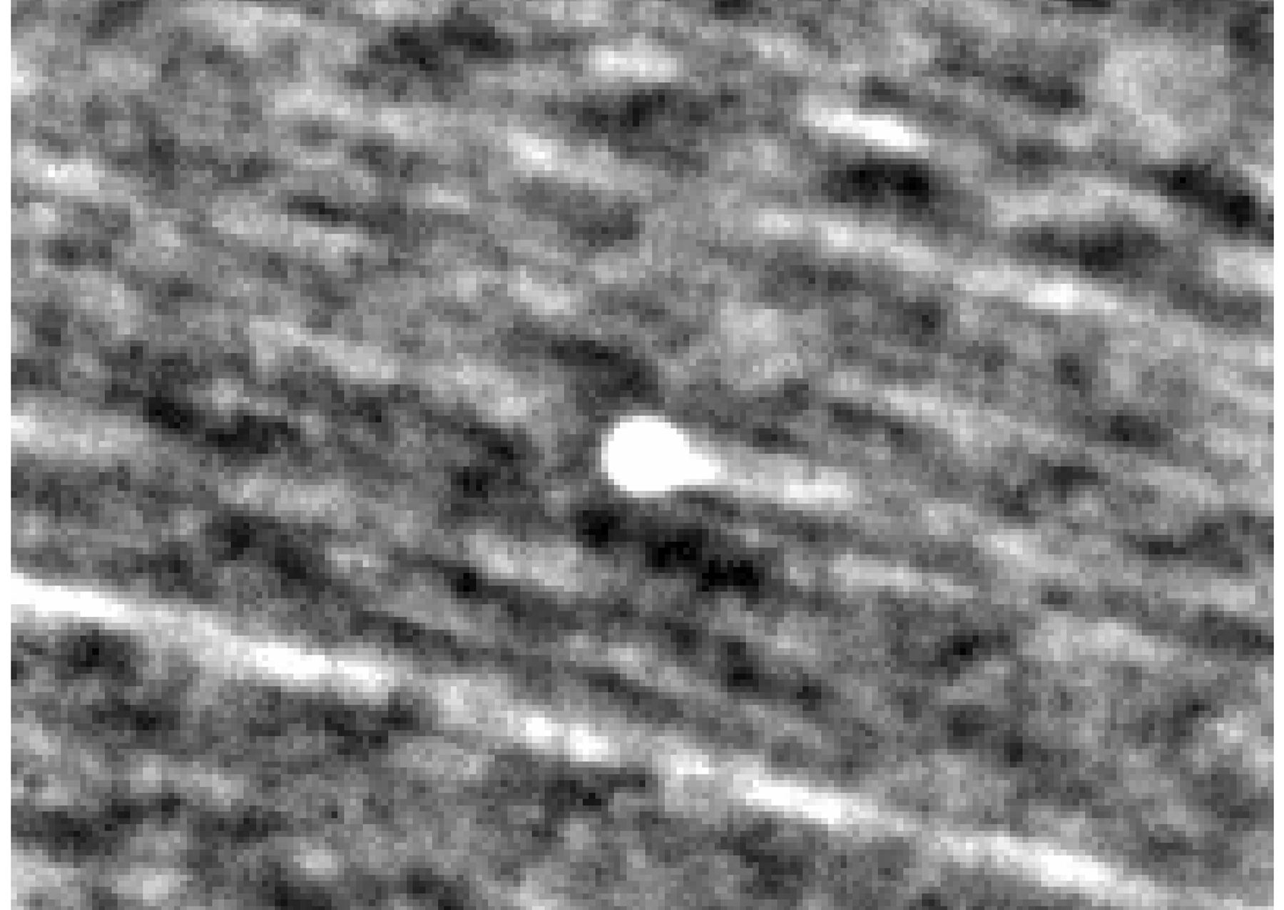 Comet 3I/ATLAS appears as a bright object near the center of this image, made from combining observations from NASA’s PUNCH mission taken from Sept. 20 to Oct. 3, 2025, when the comet was about 231 million to 235 million miles from Earth. Its tail appears as a short elongation to the right. Stars appear as streaks in the background.  