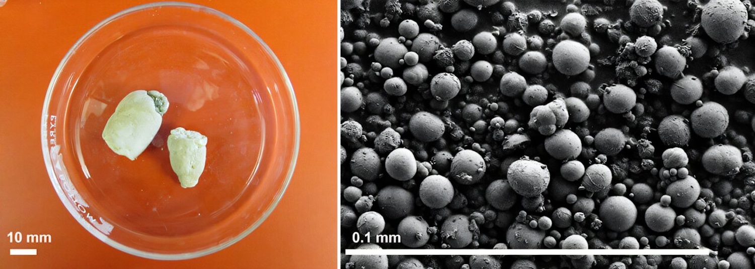Reptiles don't urinate like humans do; instead, they pass these solid "urates" (left). Researchers found that urates consist of tiny microspheres composed primarily of uric acid (right). Credit: Adapted from the Journal of the American Chemical Society