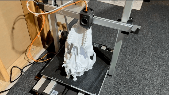 a black 3D printer printing a white animal skull