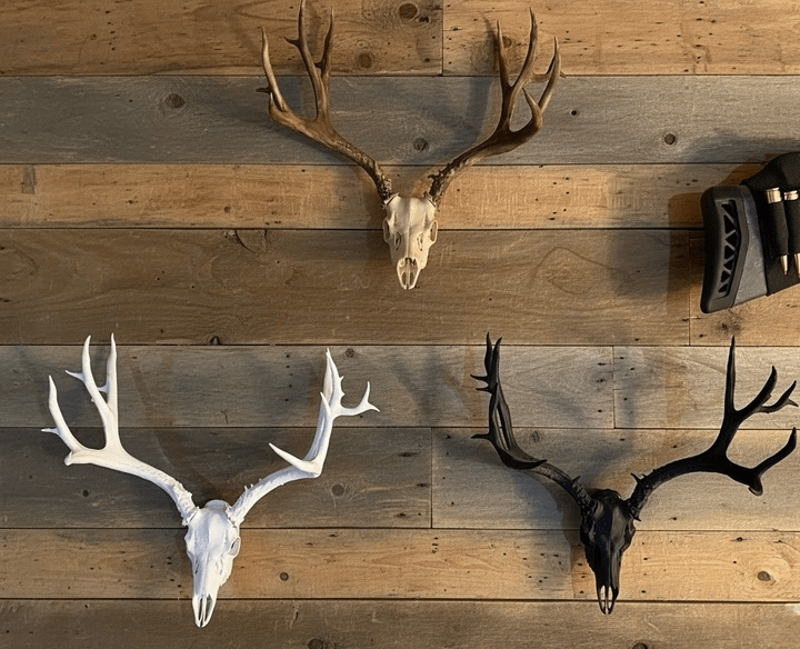 three 3D printed skulls with antlers on a wall