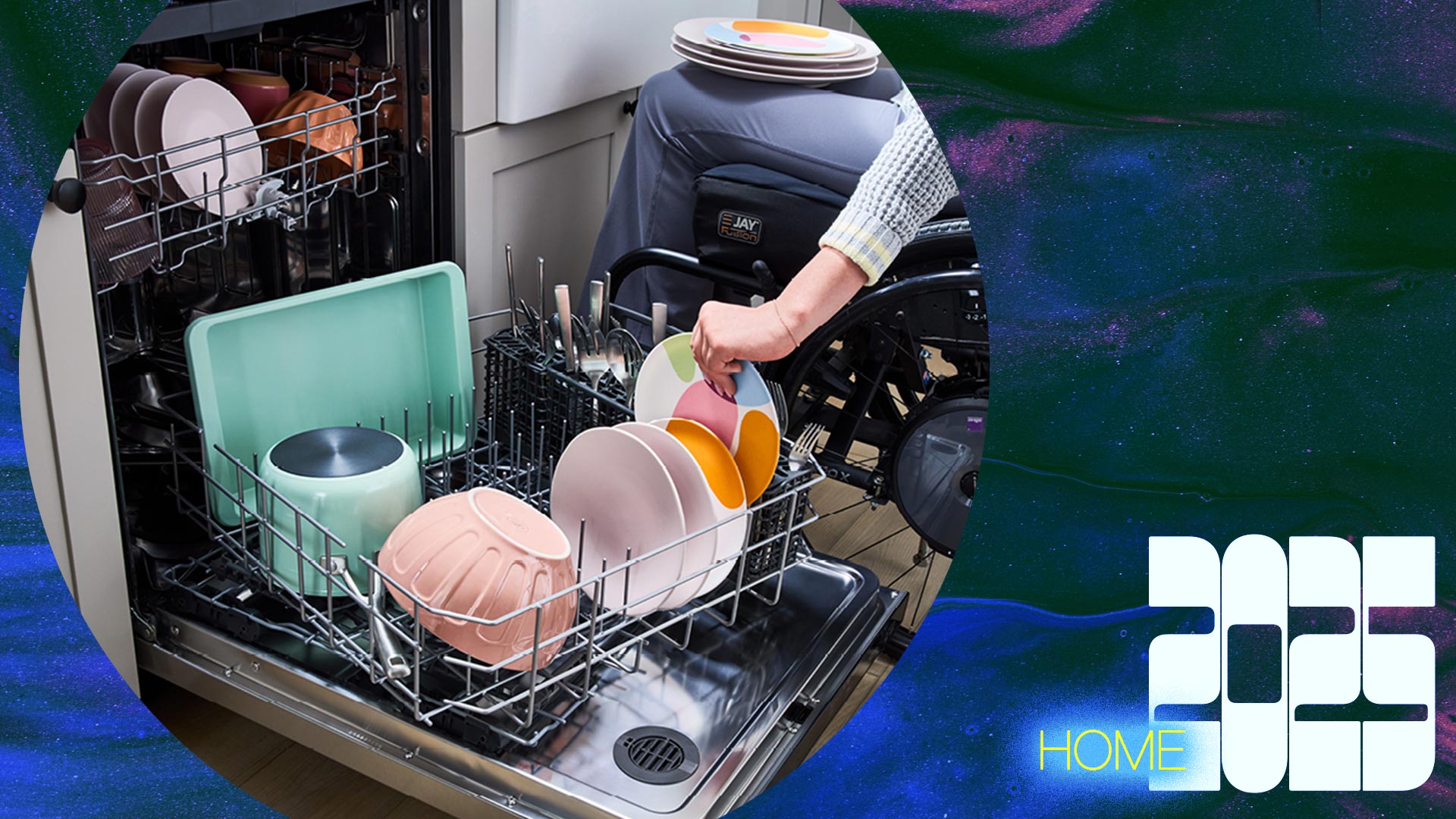 person in wheelchair loading a dishwasher