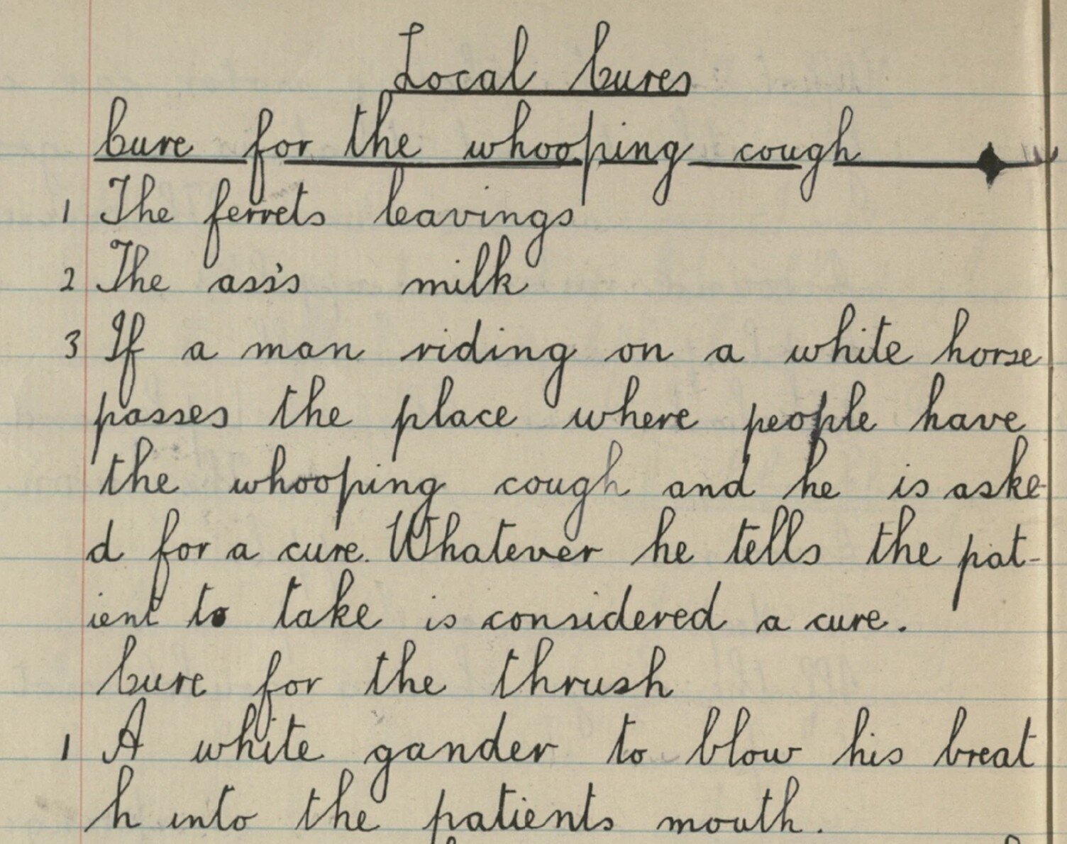 a piece of lined paper from the 1930s with local cures for whopping cough written down 