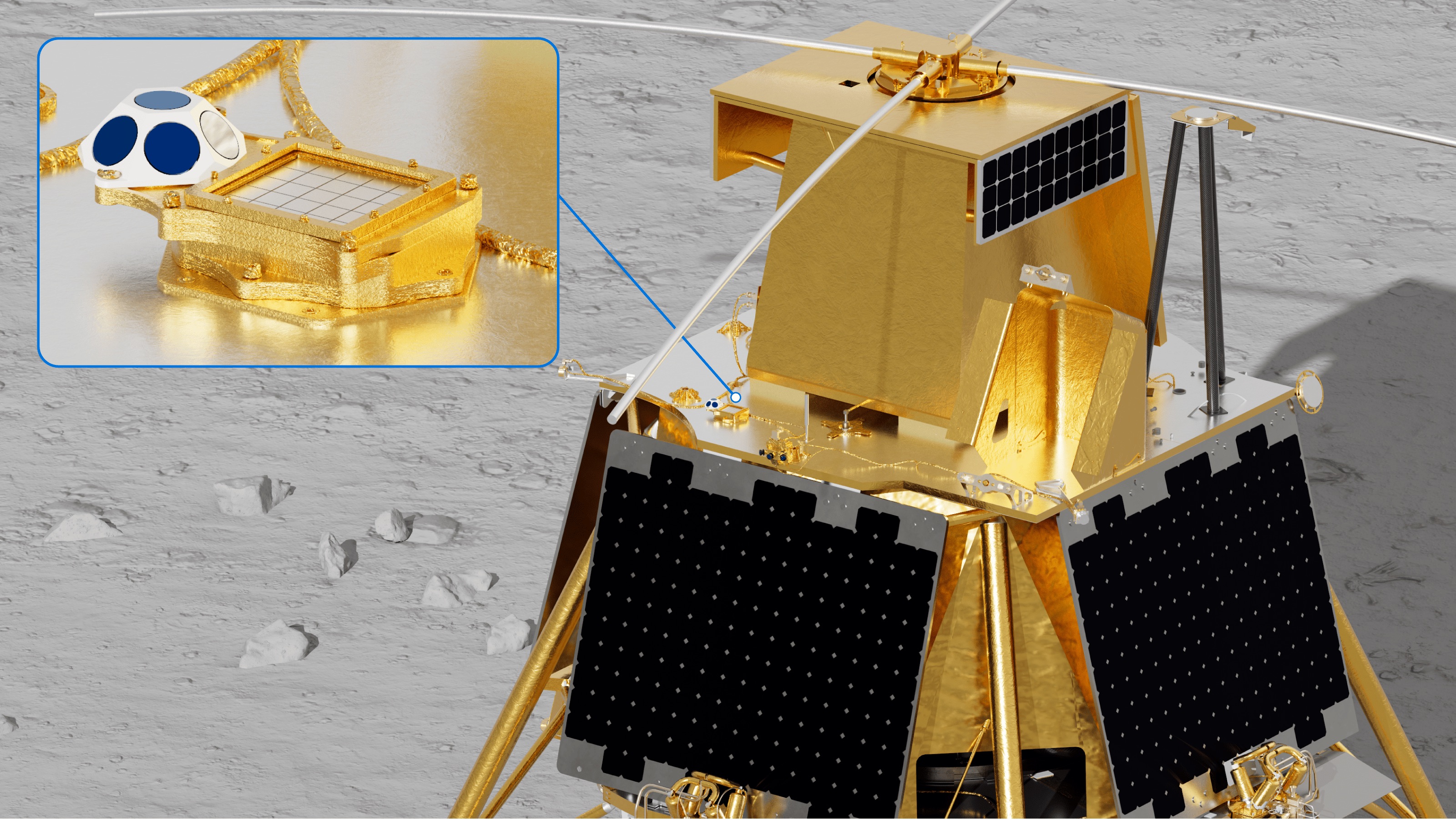Rendering of Volta’s LightPort payload integrated on the top deck of Firefly’s Blue Ghost lunar lander.