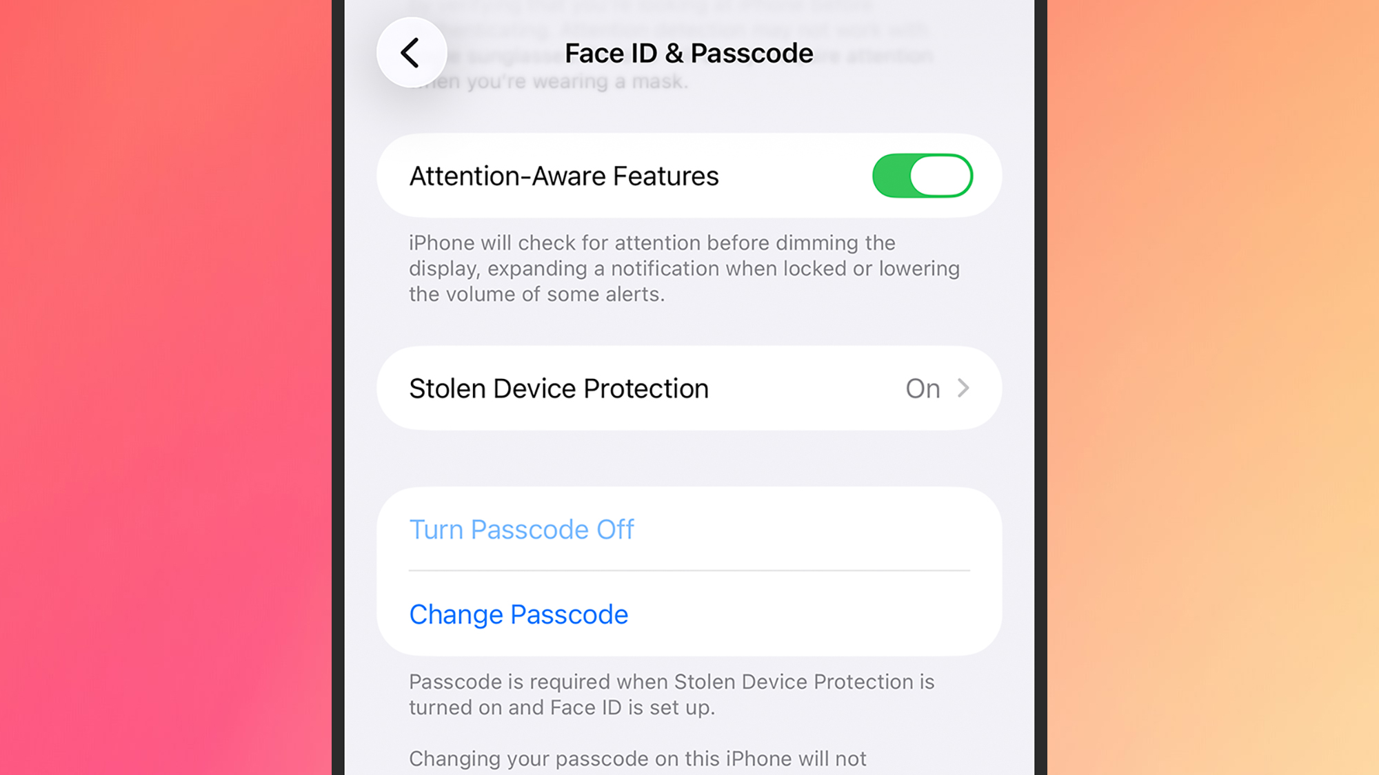 screenshot of attention-aware features settings