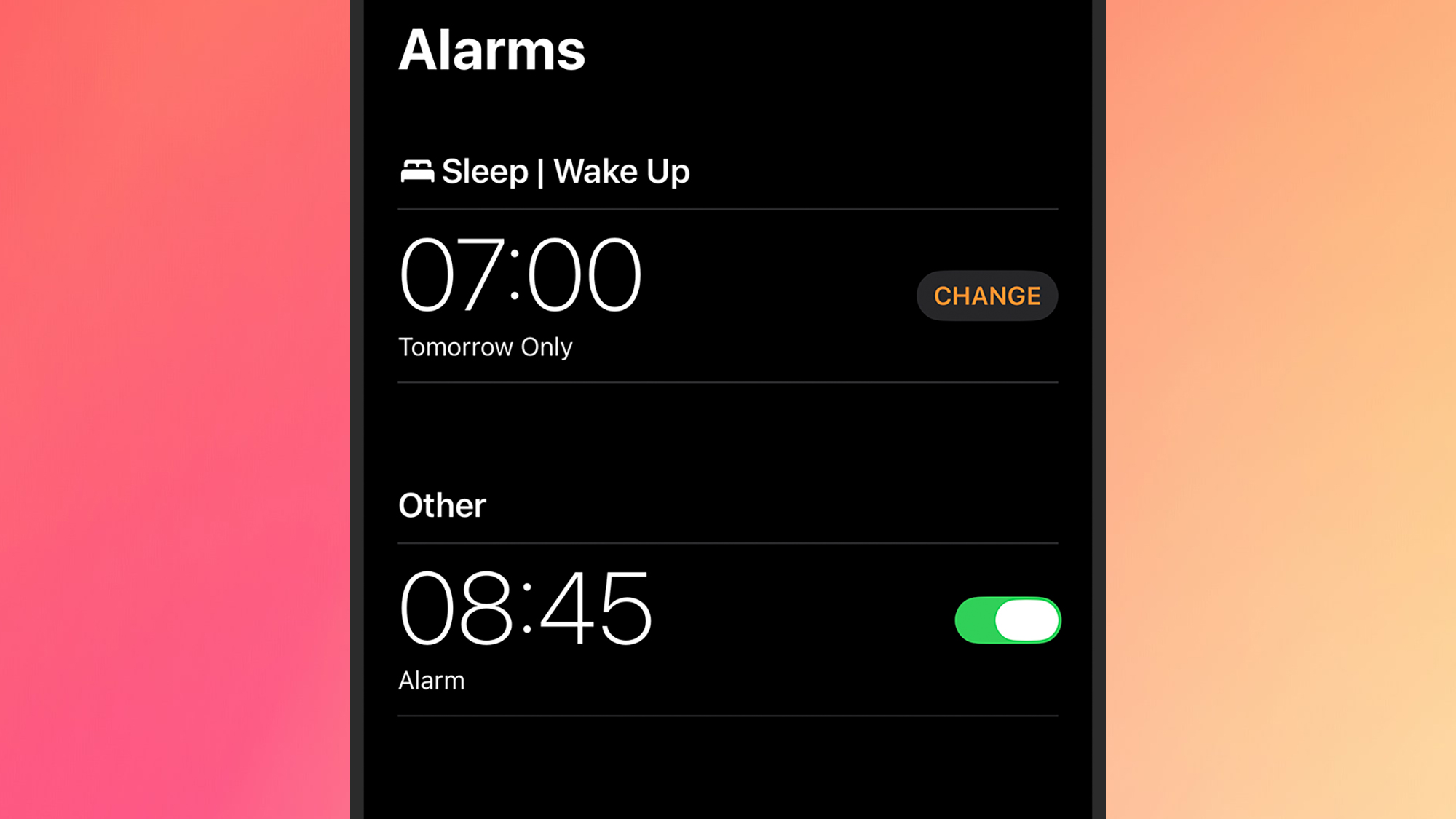 screenshot of alarm settings