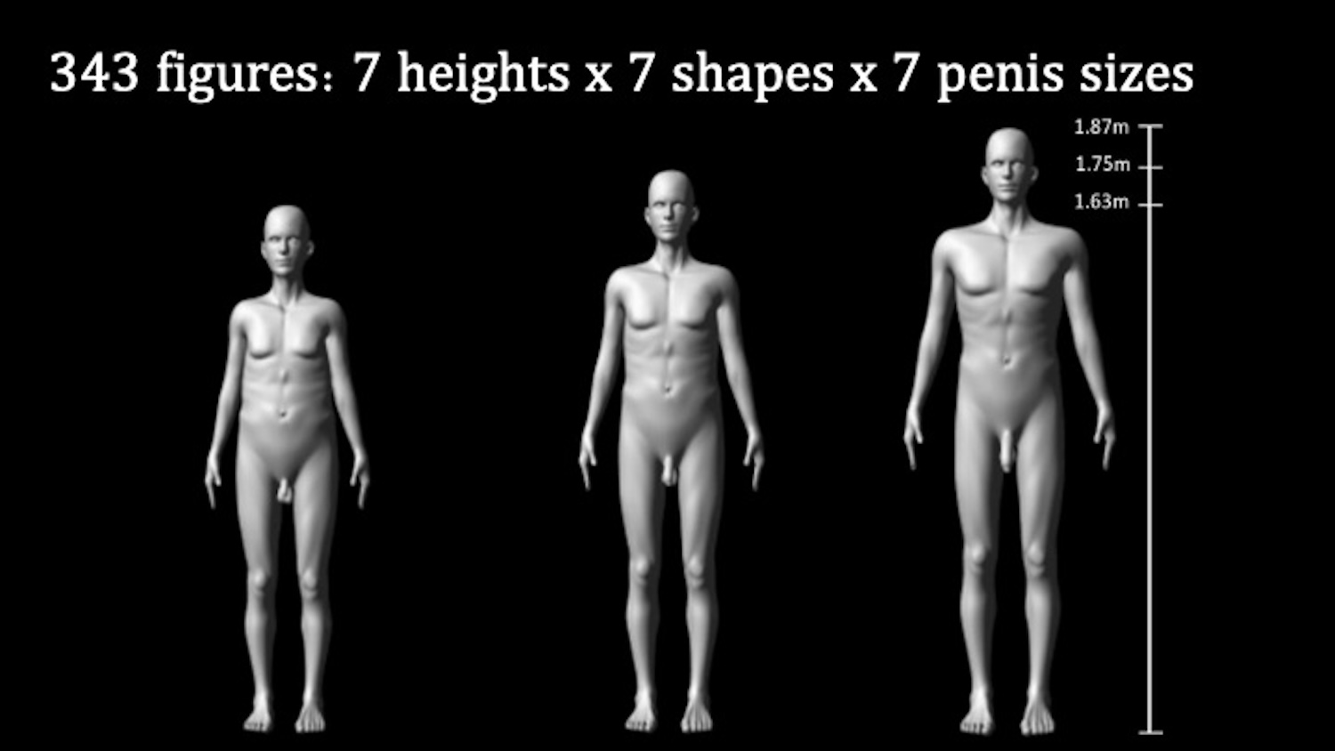 Three computer generated male figures of varying body and penis size