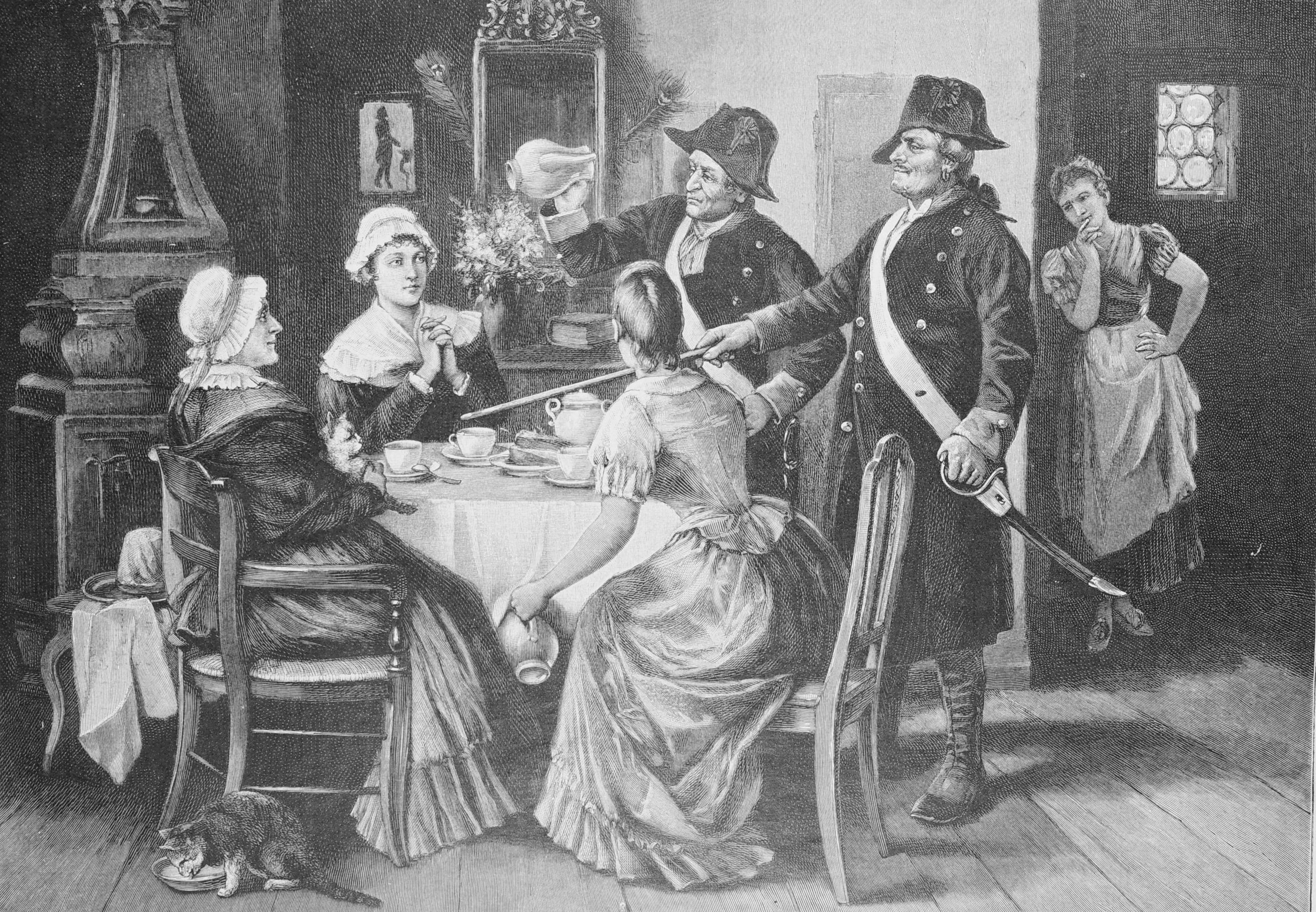 An 18th-century black-and-white engraving titled "Die Kaffeeriecher" (The Coffee Sniffers), based on a painting by Louis Katzenstein. The scene depicts a tense interior where two Prussian officials are searching a home for illegal coffee. In the center, a woman sits at a table while an official in a bicorne hat holds a pitcher to his nose, sniffing for the aroma of roasted beans. A second official stands beside him, holding a long thin rod or pipe and resting his hand on his sword hilt. To the left, an older woman and another younger woman sit at the table with an expression of weary resignation or concern. A cat sits on the lap of the older woman, while another cat drinks from a saucer on the floor. In the background to the right, a young maid watches the scene from a doorway with a hand to her face, looking apprehensive. The room is detailed with a large tiled stove, framed pictures, and a mirror on the wall.