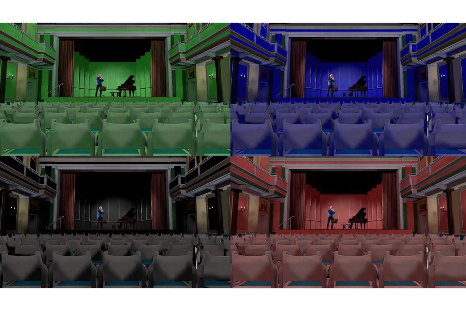 Four screenshots of virtual concerts in theaters with green, blue, dark gray, and red hues