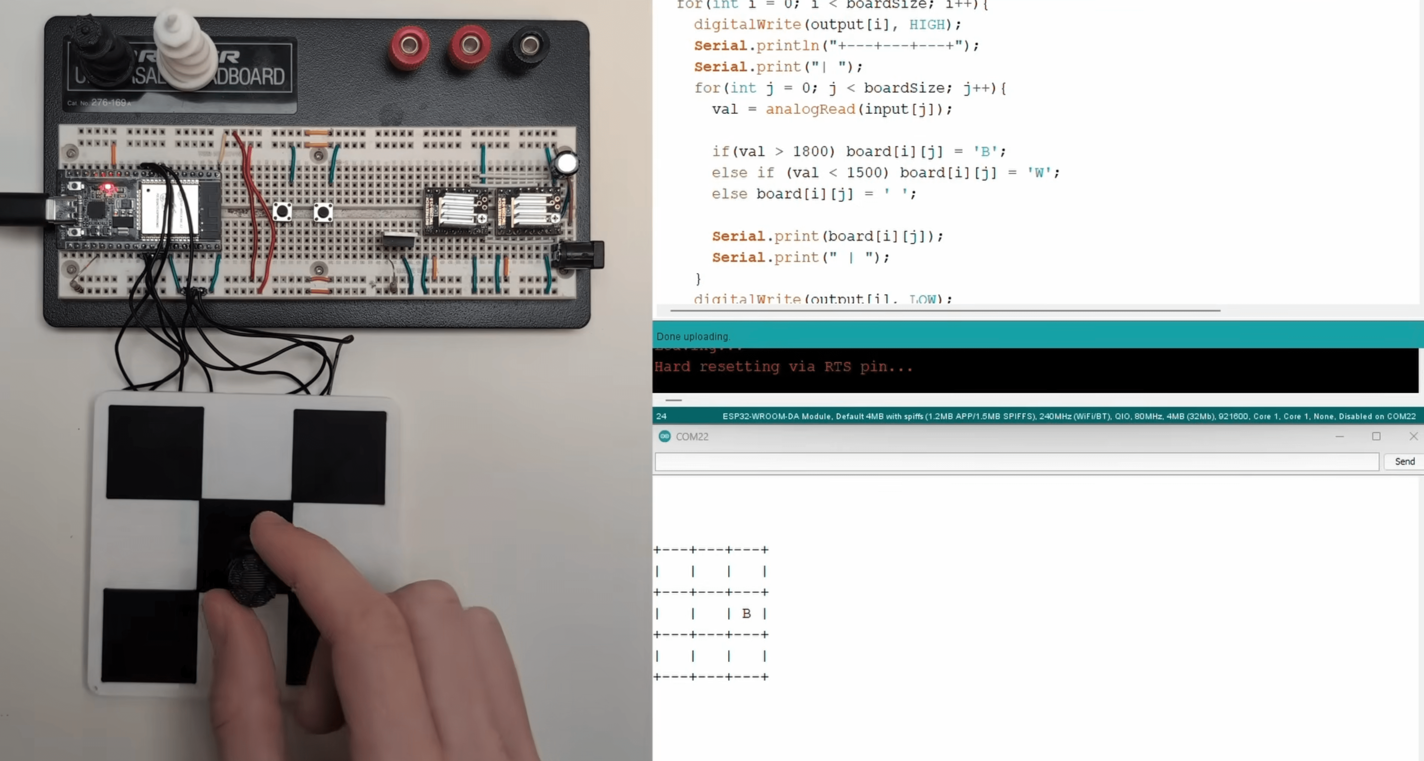 a hand moves a pieces on a chess board (left). computer code written in the language python (right)