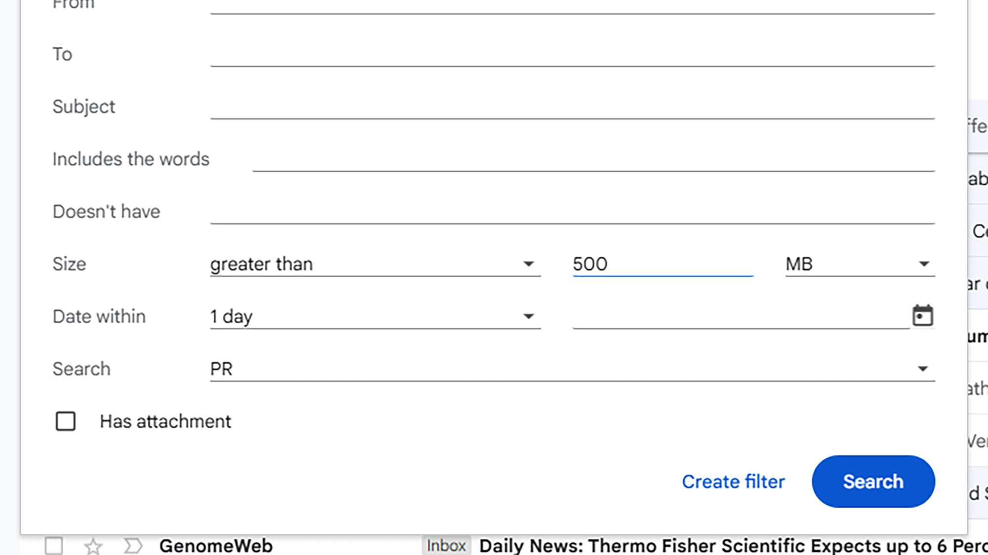 screenshot of gmail search options