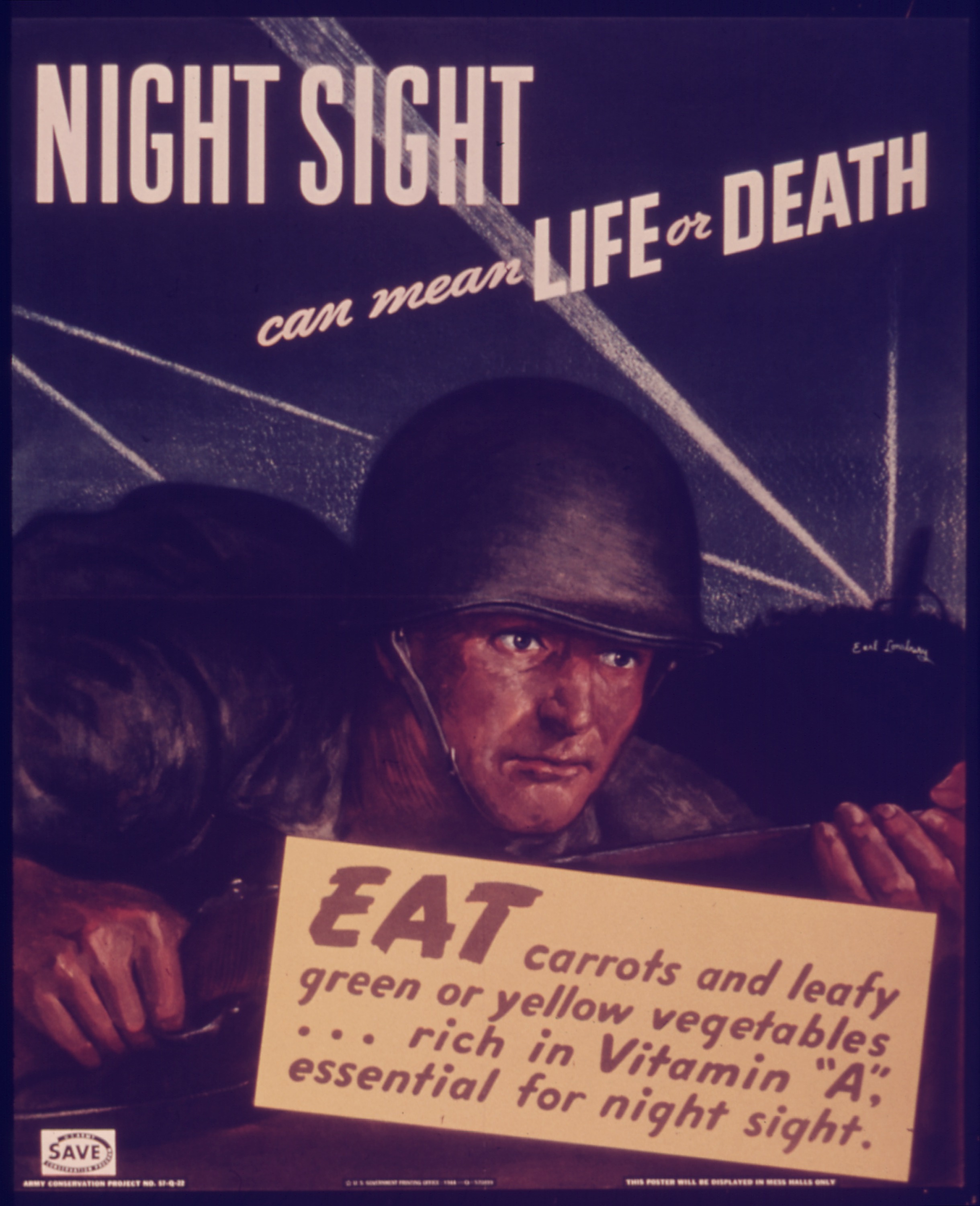 A vintage wartime propaganda poster featuring a soldier in a helmet peering through the darkness. The bold text at the top reads, "NIGHT SIGHT can mean LIFE or DEATH," and a yellow box at the bottom advises, "EAT carrots and leafy green or yellow vegetables... rich in Vitamin 'A', essential for night sight."