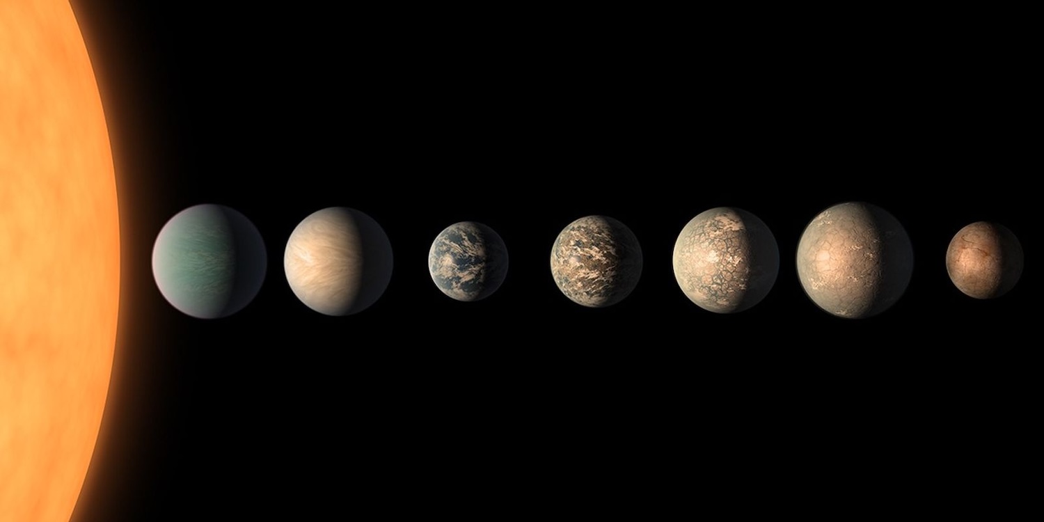 An artist’s impression of what the TRAPPIST-1 planetary system may look like showing (from left to right) TRAPPIST-1 a, b, c, d, e, f, g and h, based on available data about the planets' diameters, masses and distances from the host star. Of these, TRAPPIST-1 d, e, f and g are thought to be the most Earth-like planets.
Credit: NASA/ JPL-Caltech