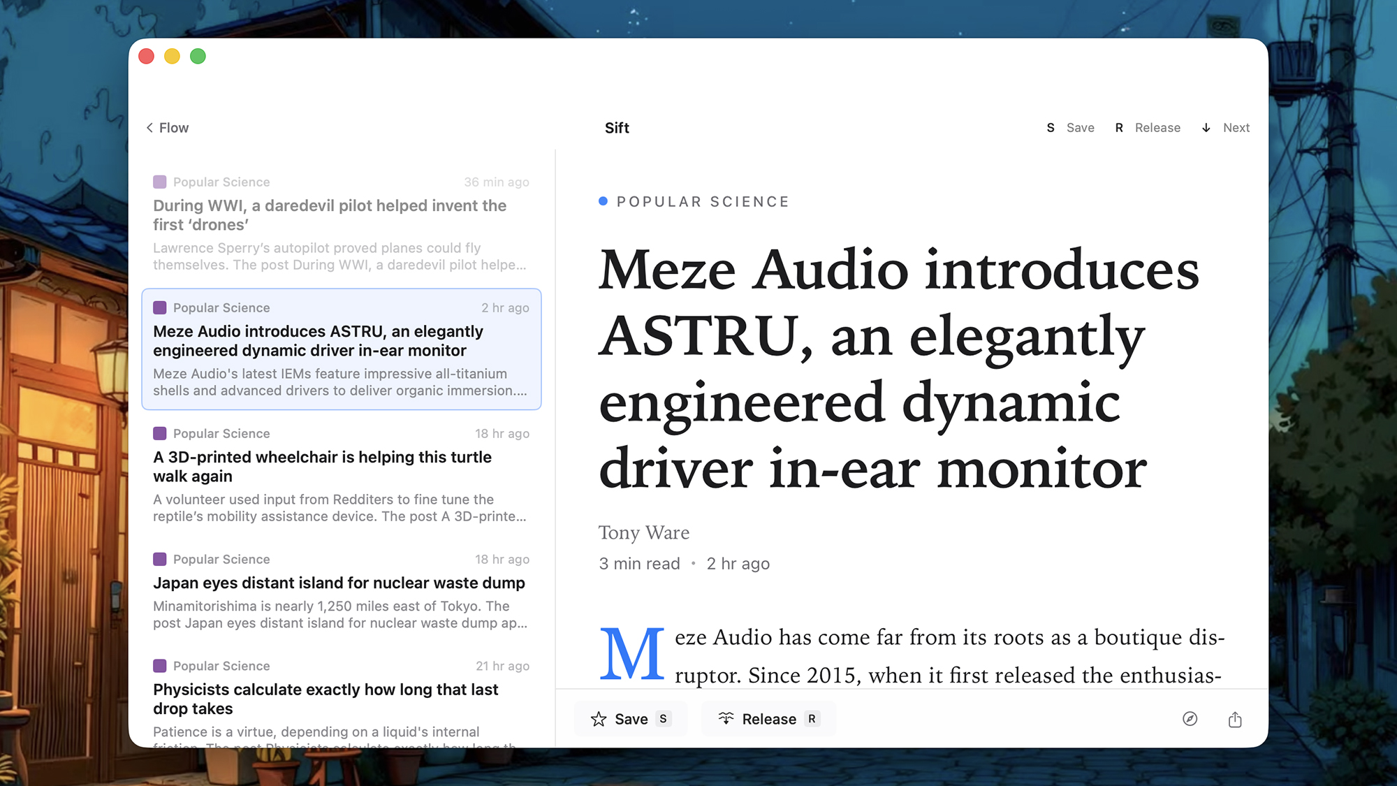 screenshot of The sift function on Current.